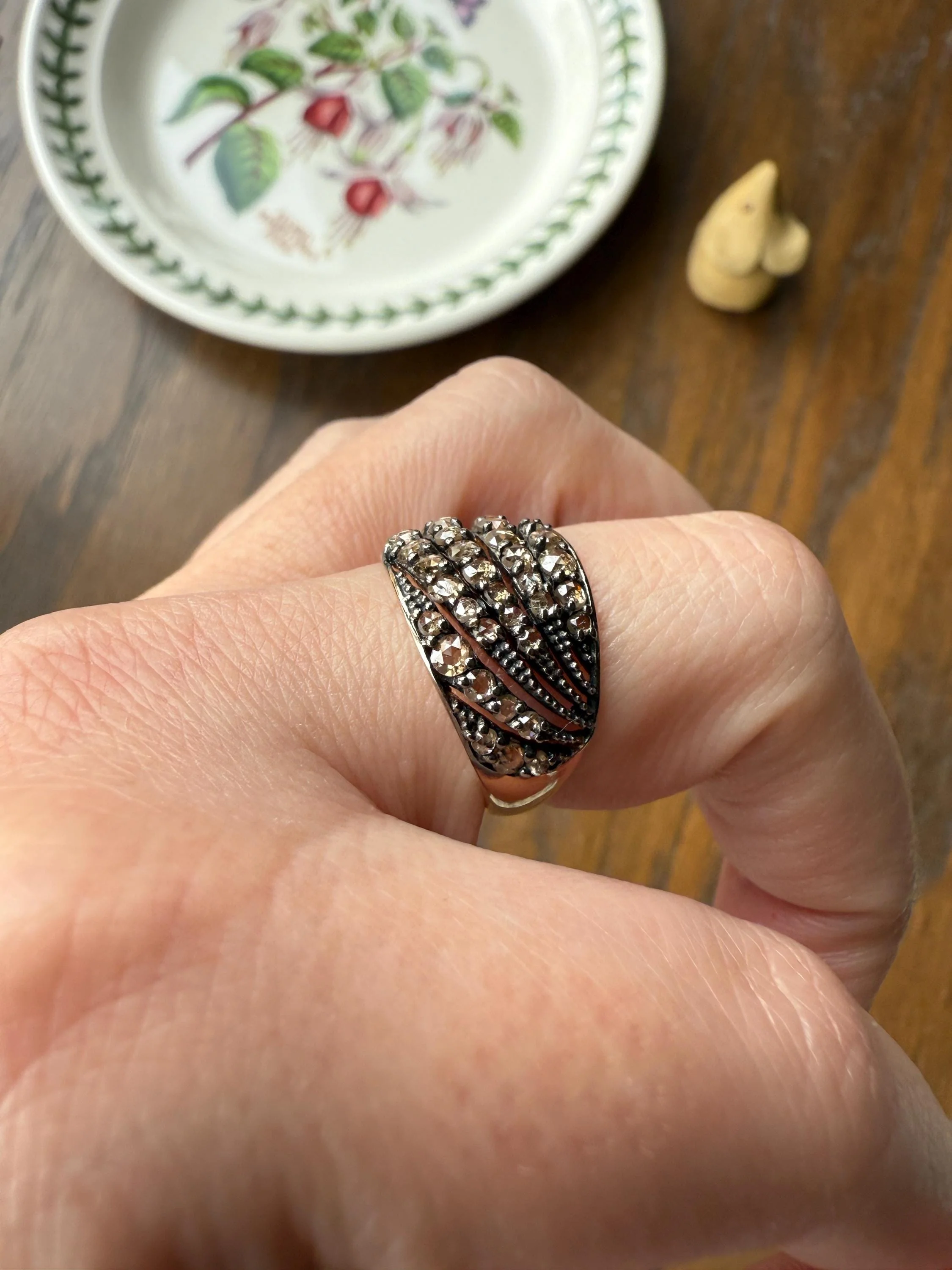Swirl Wide Band Champagne Natural Rose Cut Diamond Vintage 9k Gold Solid Ring Stacker Linear Swoosh - Image 13