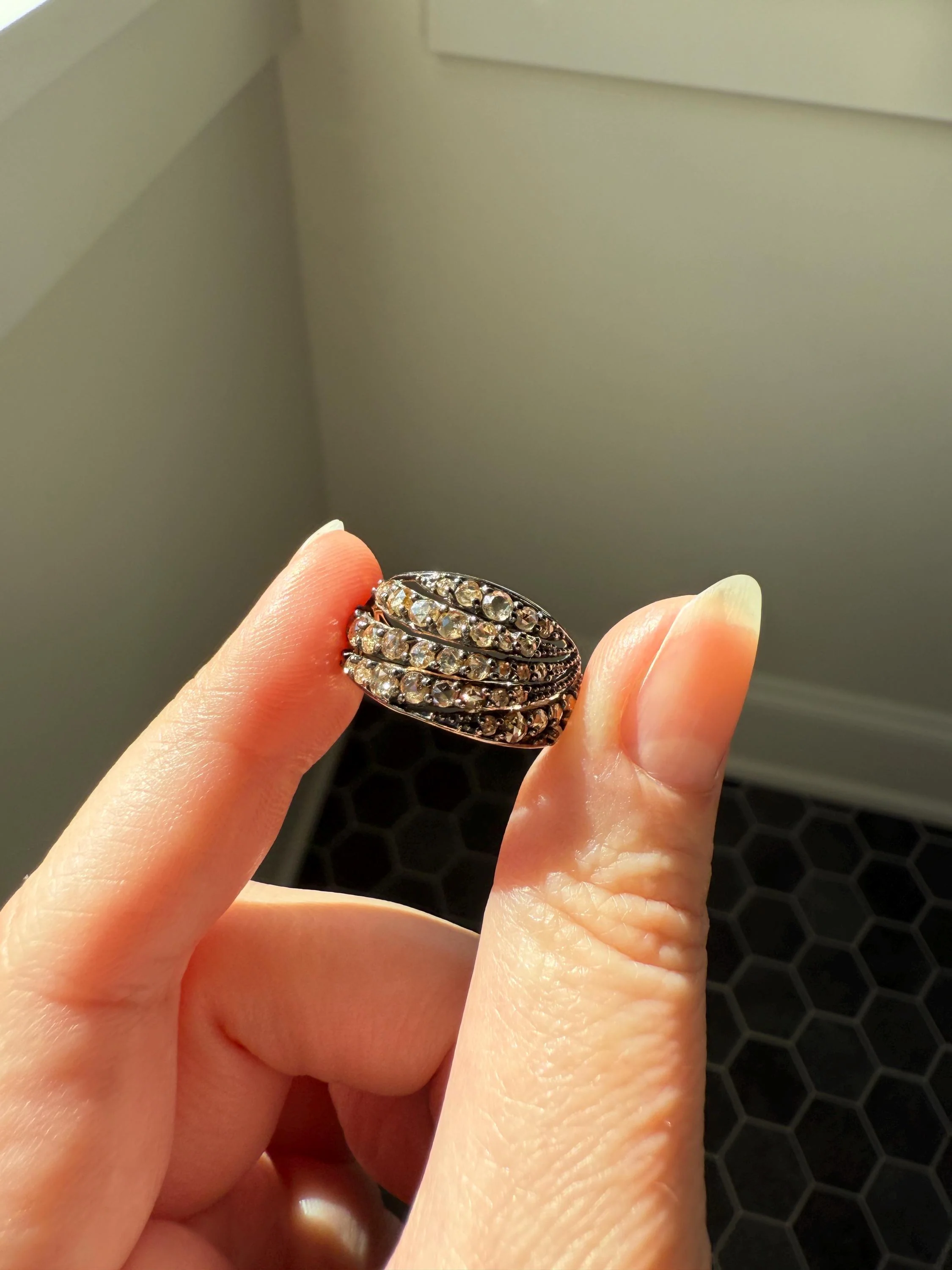 Swirl Wide Band Champagne Natural Rose Cut Diamond Vintage 9k Gold Solid Ring Stacker Linear Swoosh - Image 14