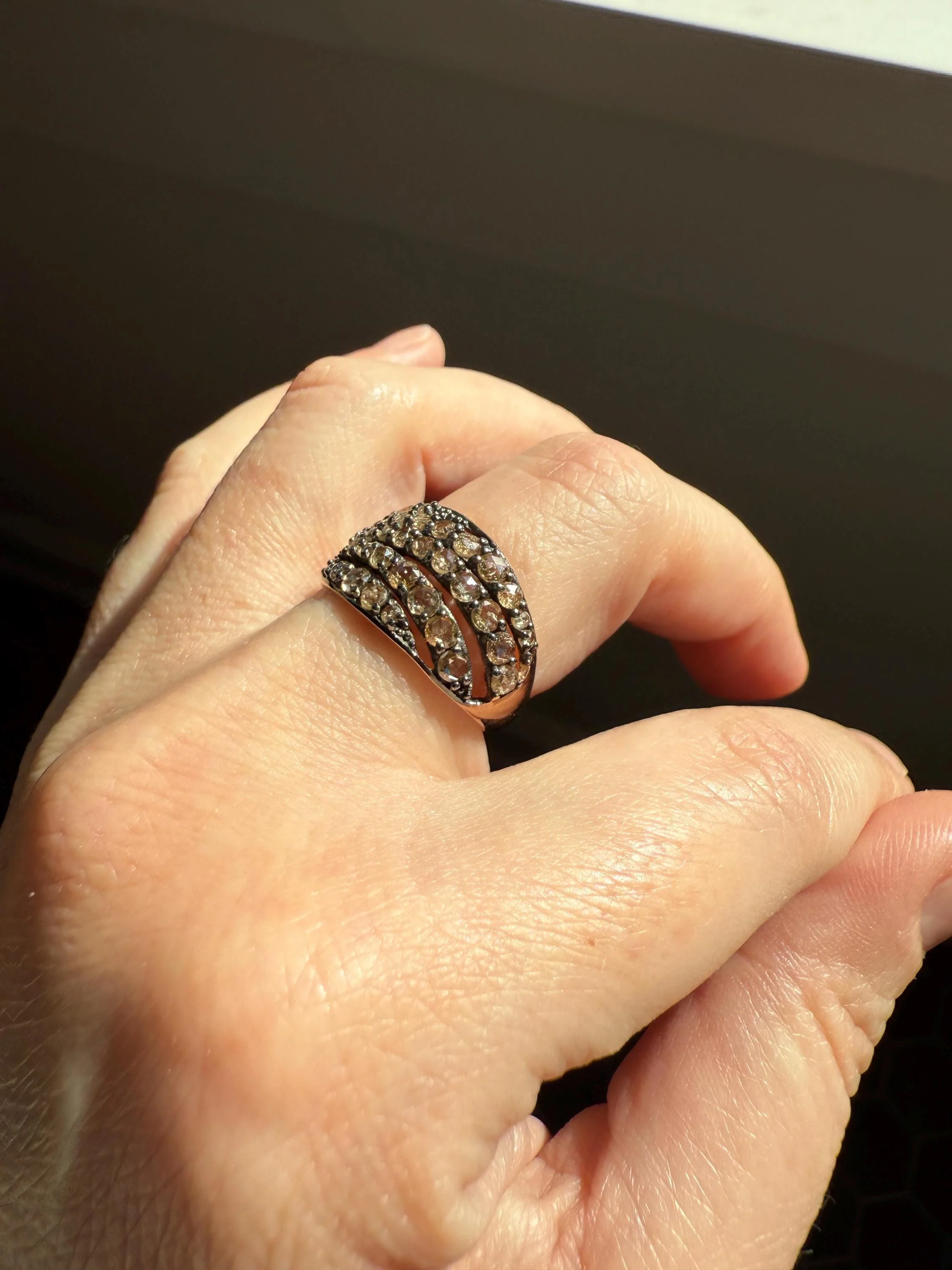 Swirl Wide Band Champagne Natural Rose Cut Diamond Vintage 9k Gold Solid Ring Stacker Linear Swoosh - Image 3