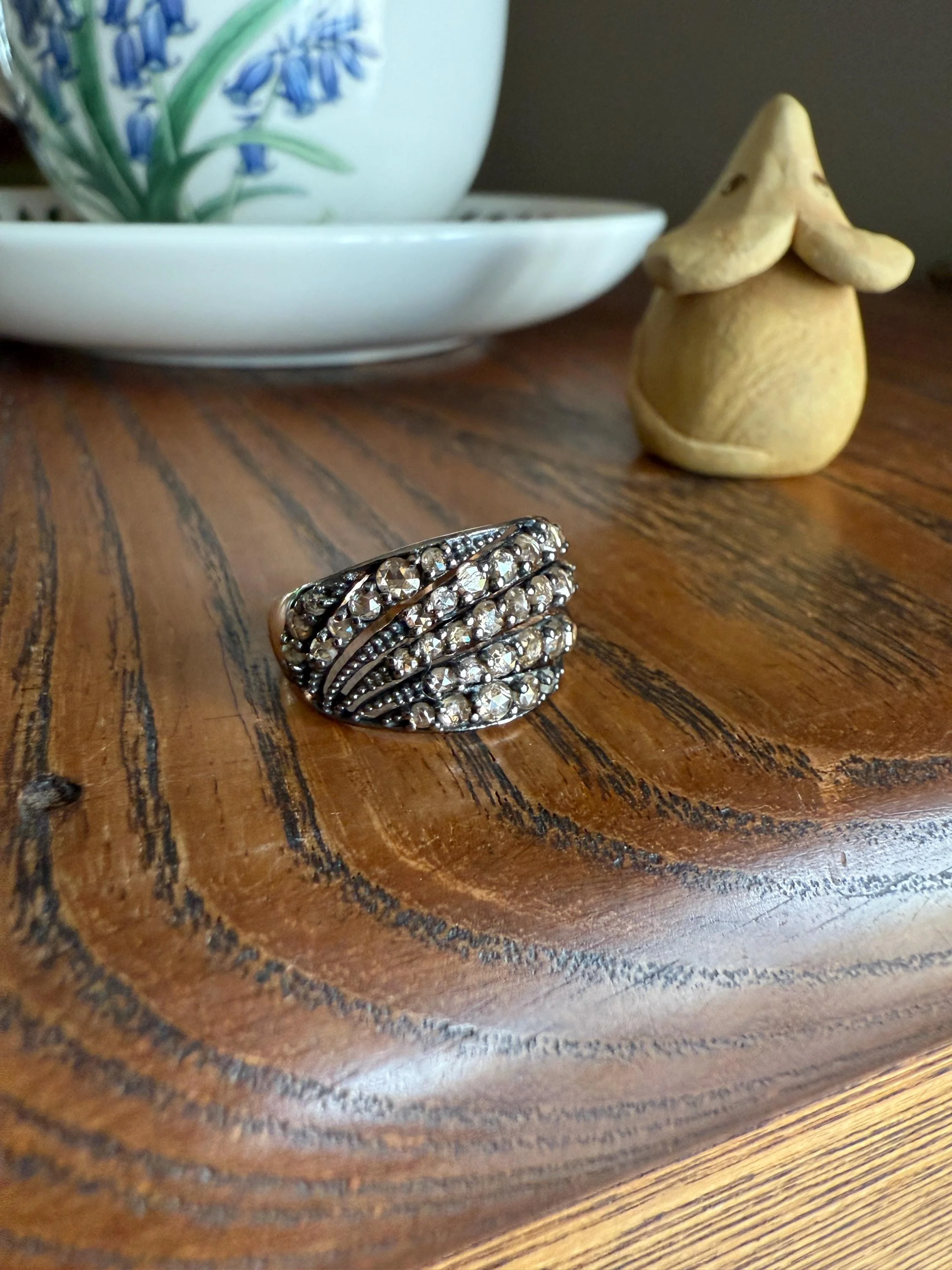 Swirl Wide Band Champagne Natural Rose Cut Diamond Vintage 9k Gold Solid Ring Stacker Linear Swoosh - Image 4