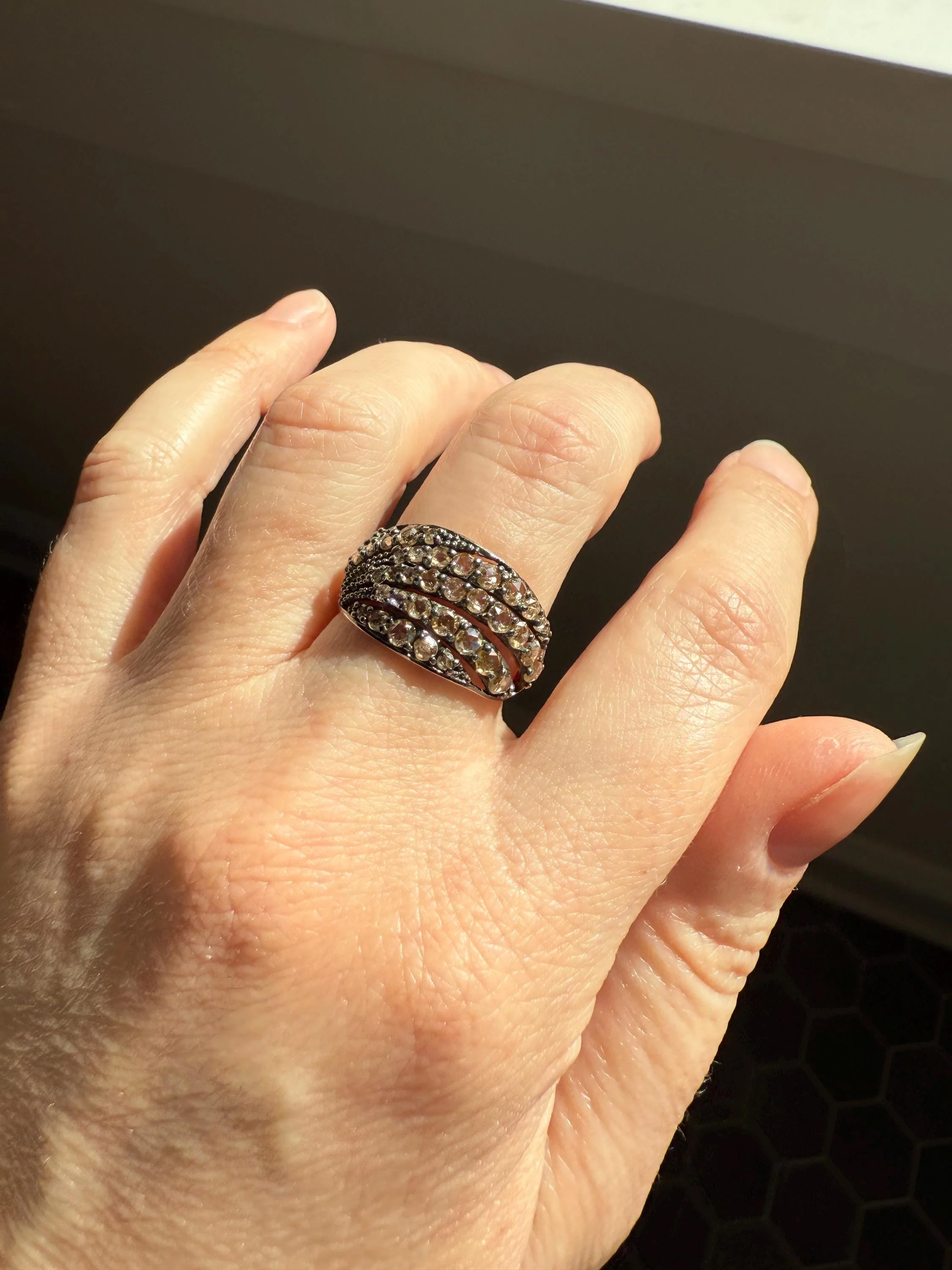 Swirl Wide Band Champagne Natural Rose Cut Diamond Vintage 9k Gold Solid Ring Stacker Linear Swoosh - Image 5