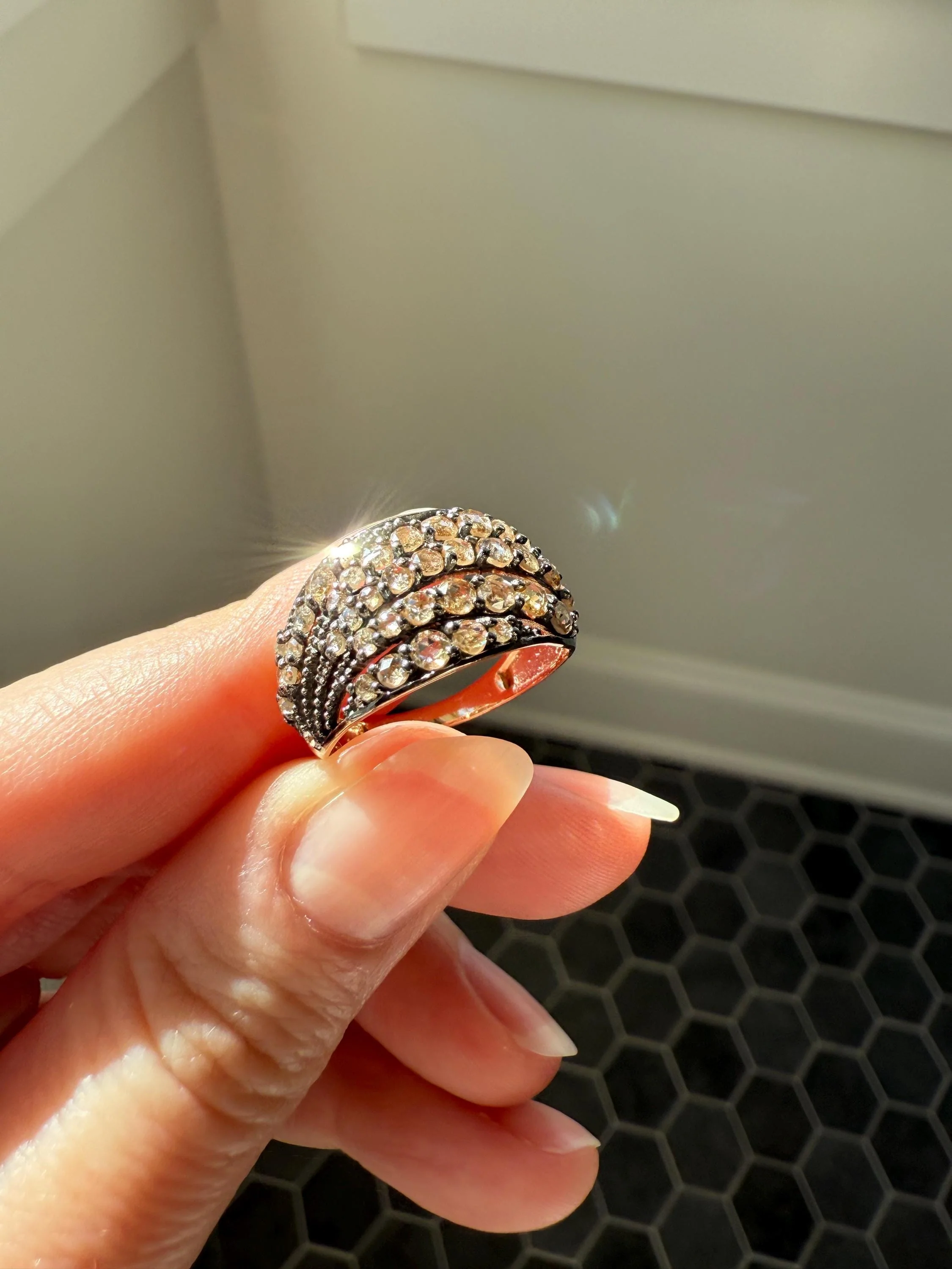 Swirl Wide Band Champagne Natural Rose Cut Diamond Vintage 9k Gold Solid Ring Stacker Linear Swoosh - Image 6