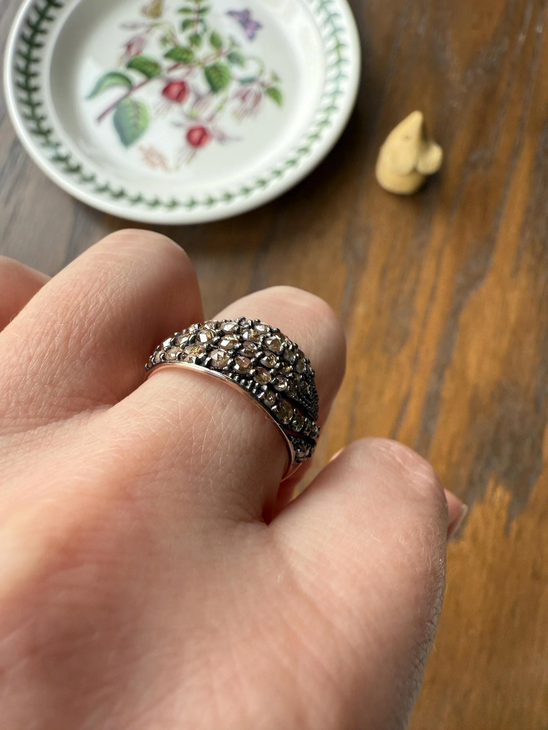 Swirl Wide Band Champagne Natural Rose Cut Diamond Vintage 9k Gold Solid Ring Stacker Linear Swoosh - Image 7