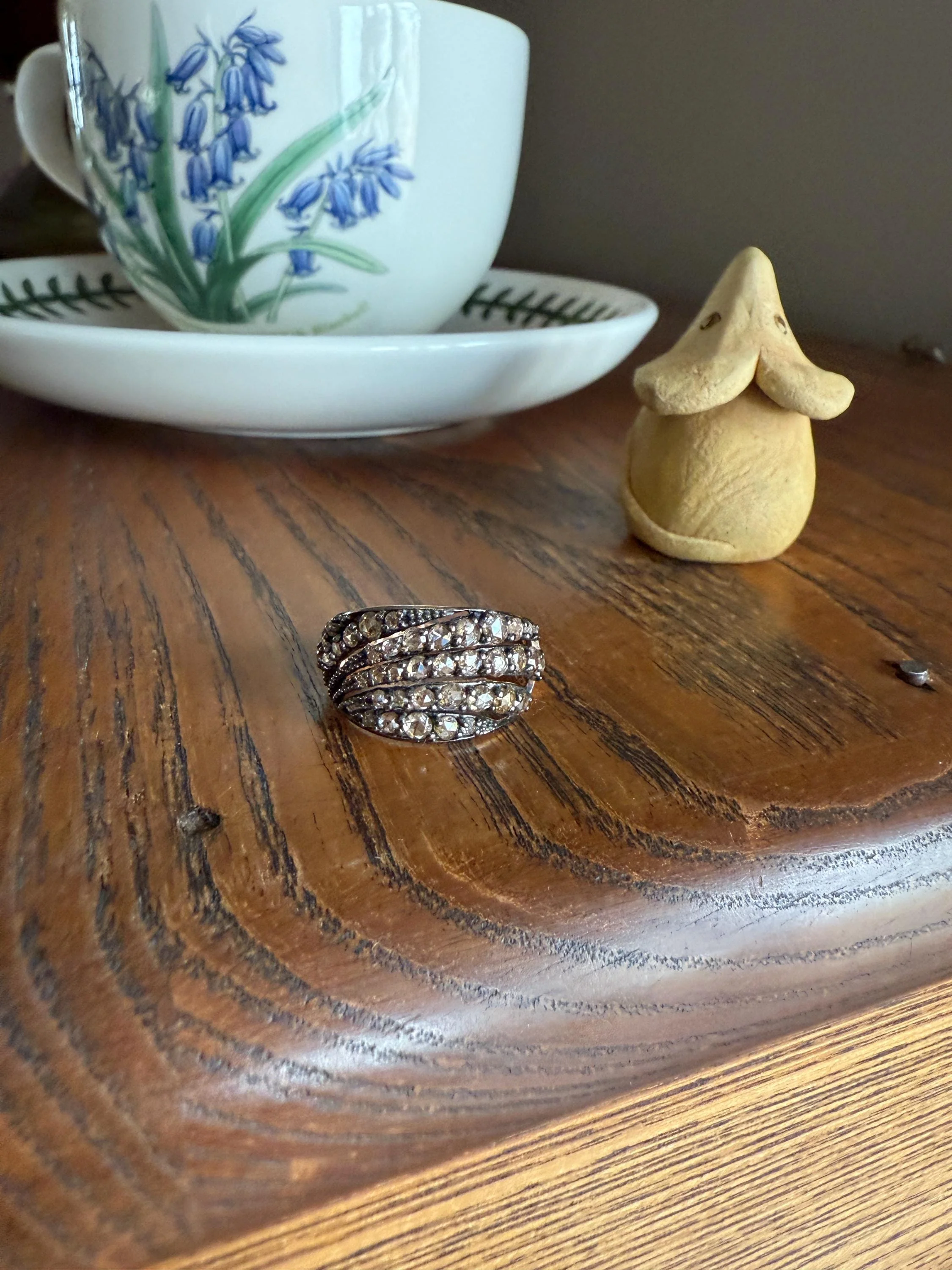 Swirl Wide Band Champagne Natural Rose Cut Diamond Vintage 9k Gold Solid Ring Stacker Linear Swoosh - Image 9