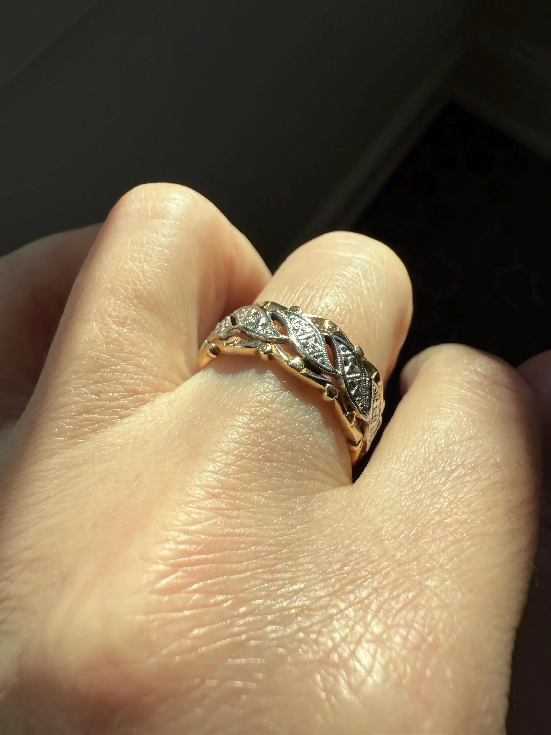 Swirling Art Deco ANTIQUE Two Tone 14k Gold Ring Eternity Wide Band Wedding Chunky Stacker Illusion Chiseled Rivet Cigar - Image 15