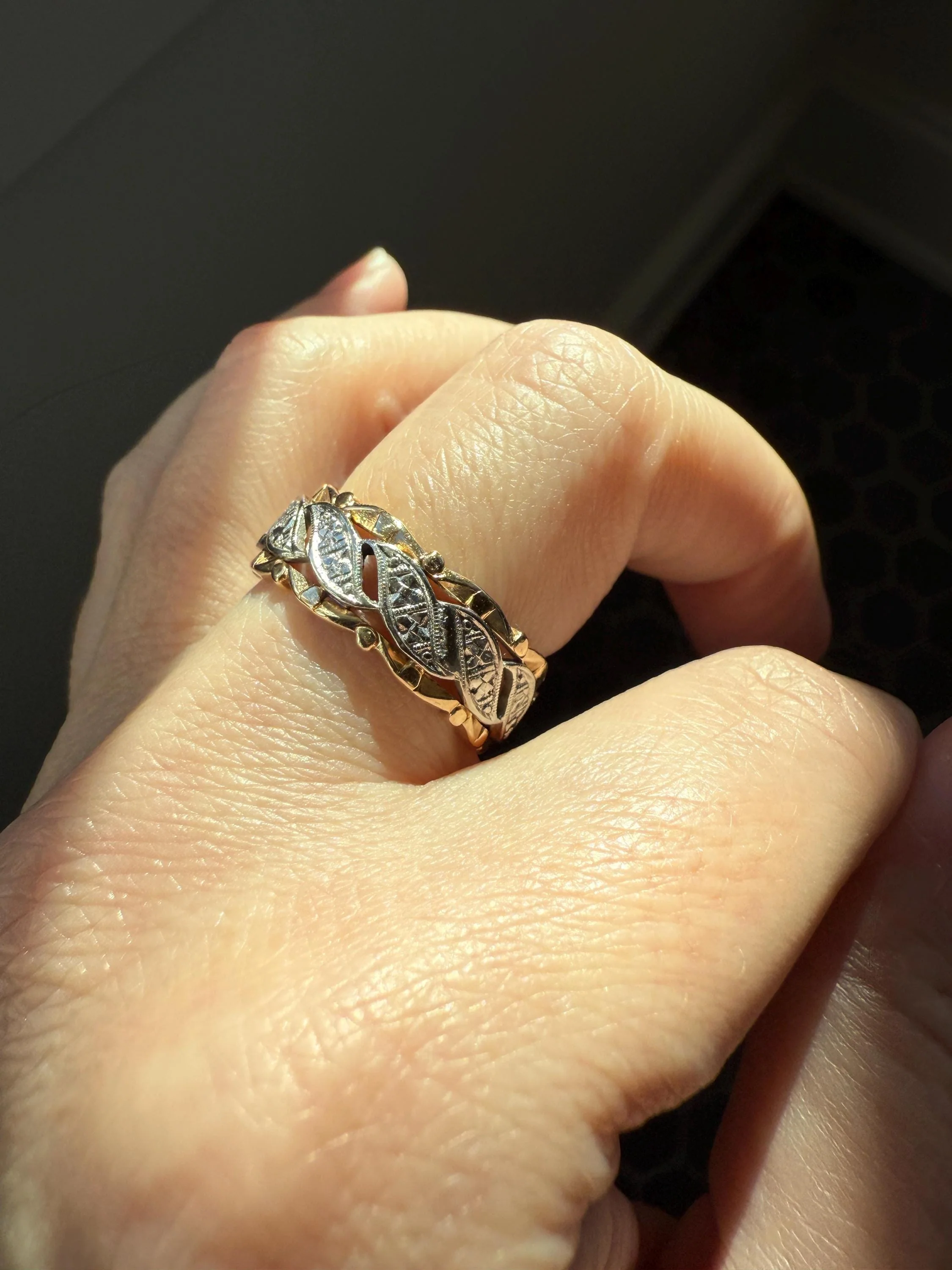 Swirling Art Deco ANTIQUE Two Tone 14k Gold Ring Eternity Wide Band Wedding Chunky Stacker Illusion Chiseled Rivet Cigar - Image 18