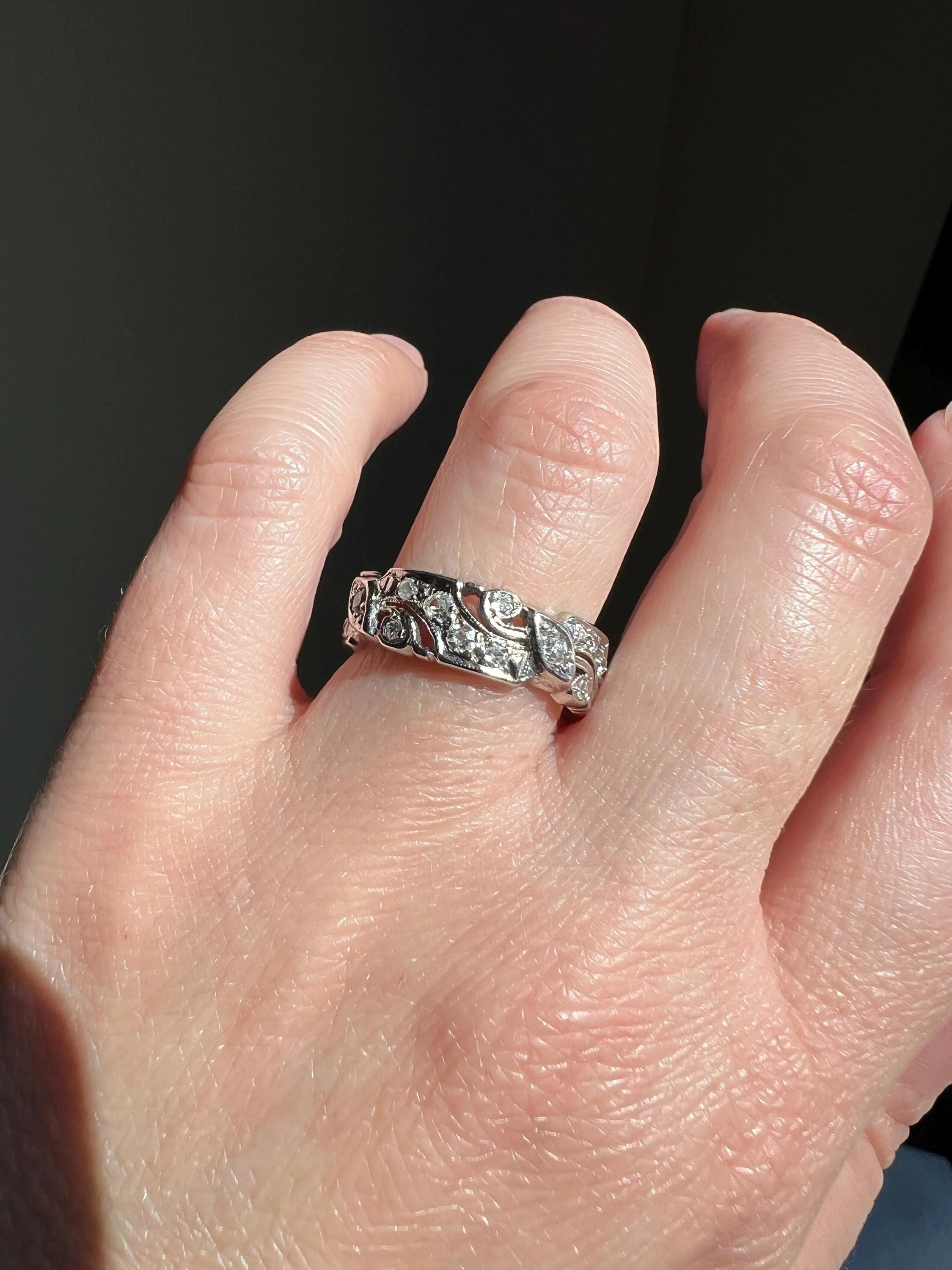 Swirling Art Deco Milgrain ANTIQUE Old Mine Single Cut 28 Diamond 14k White Gold Ring Eternity Wide Band Wedding - Image 11