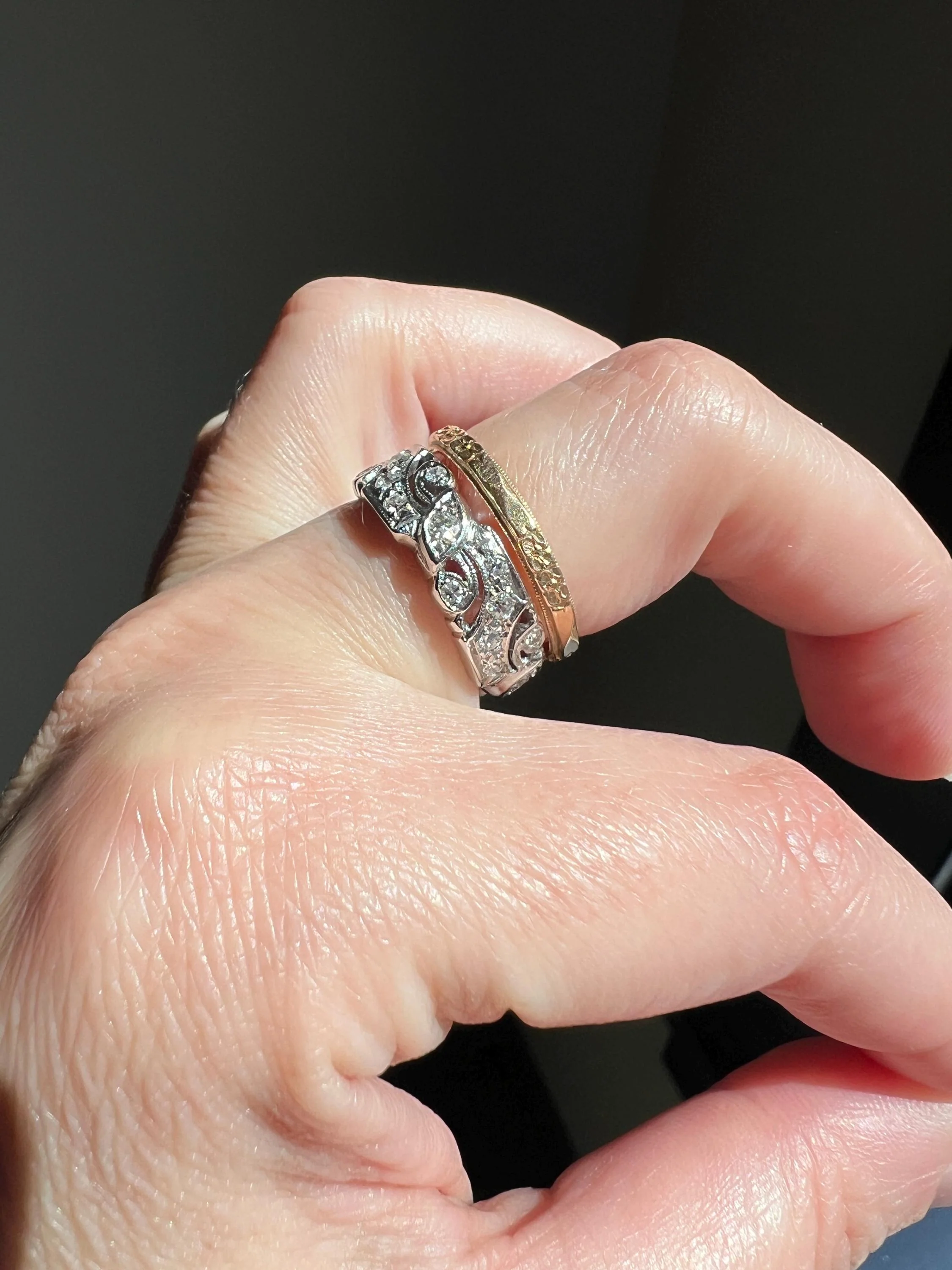 Swirling Art Deco Milgrain ANTIQUE Old Mine Single Cut 28 Diamond 14k White Gold Ring Eternity Wide Band Wedding - Image 3
