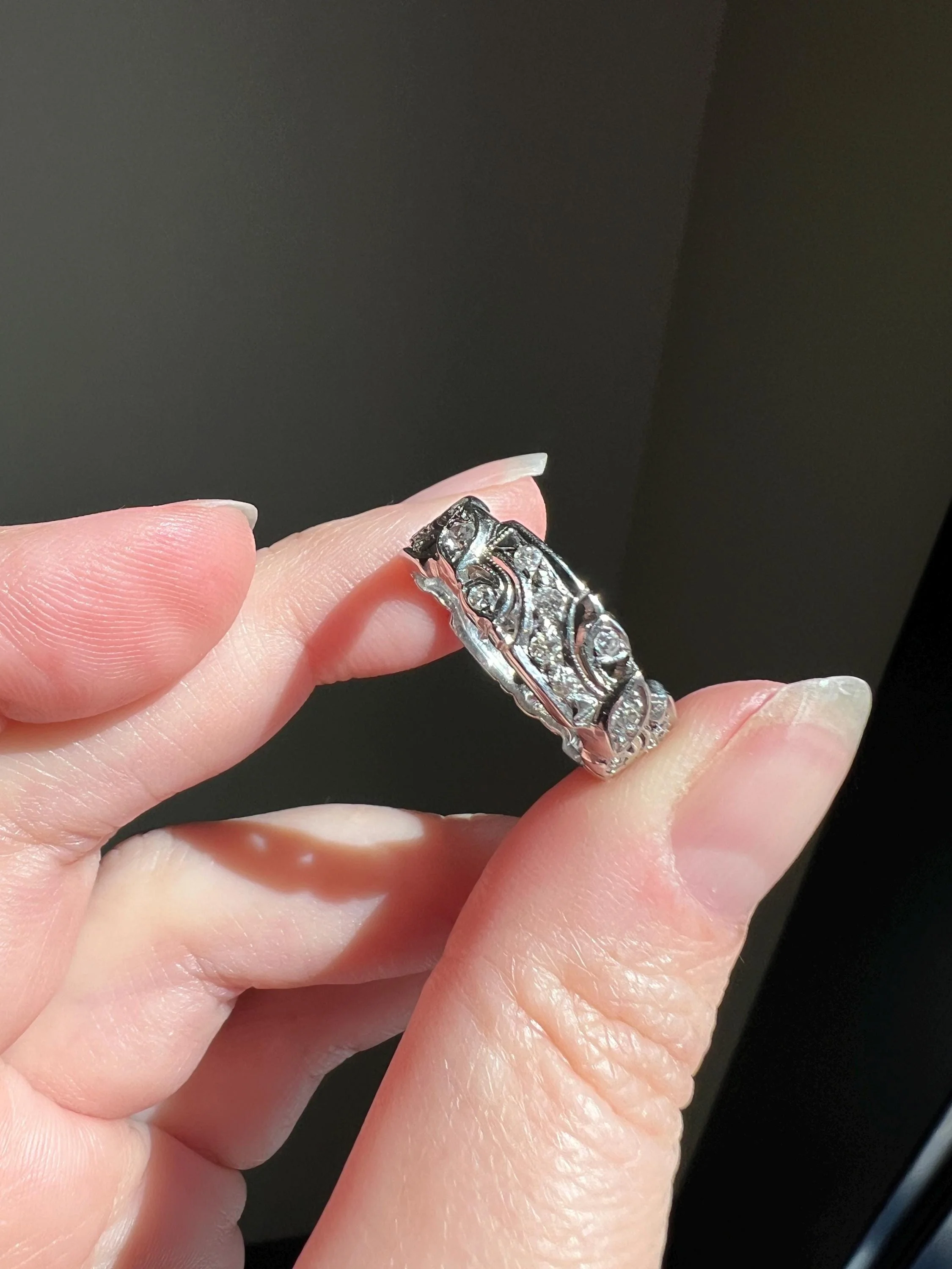 Swirling Art Deco Milgrain ANTIQUE Old Mine Single Cut 28 Diamond 14k White Gold Ring Eternity Wide Band Wedding - Image 6