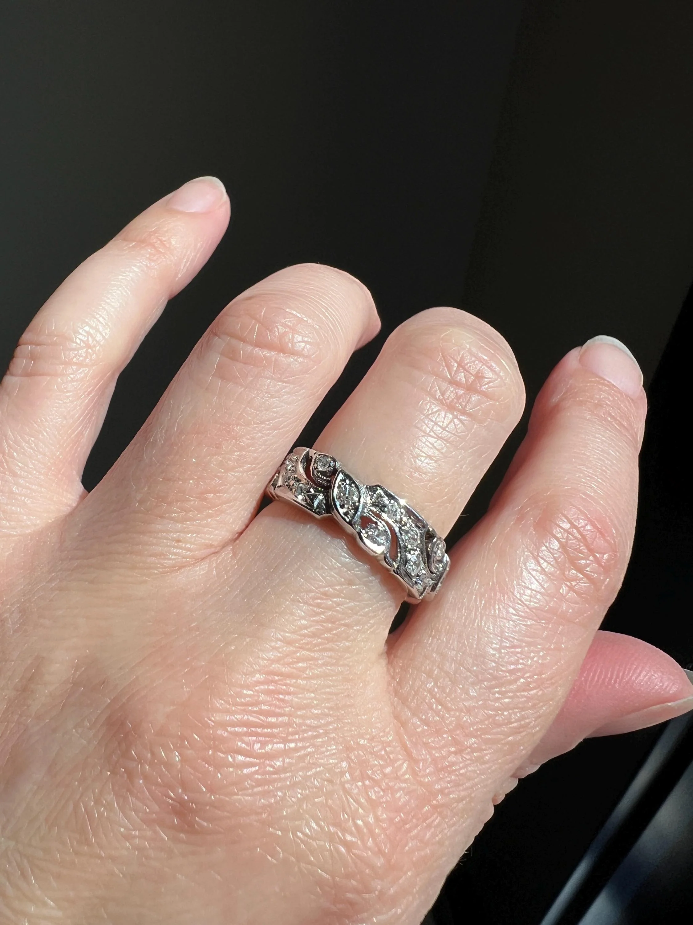 Swirling Art Deco Milgrain ANTIQUE Old Mine Single Cut 28 Diamond 14k White Gold Ring Eternity Wide Band Wedding - Image 8