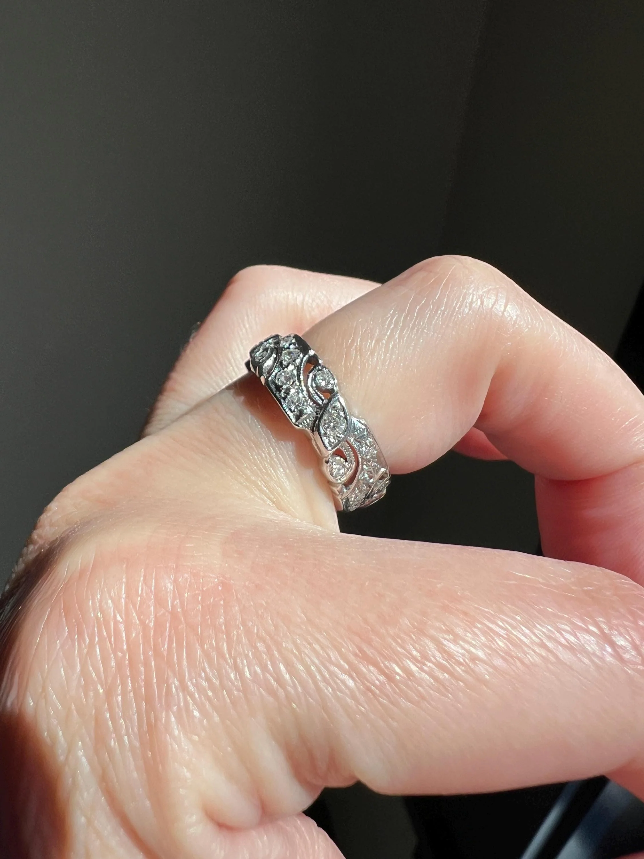 Swirling Art Deco Milgrain ANTIQUE Old Mine Single Cut 28 Diamond 14k White Gold Ring Eternity Wide Band Wedding - Image 9