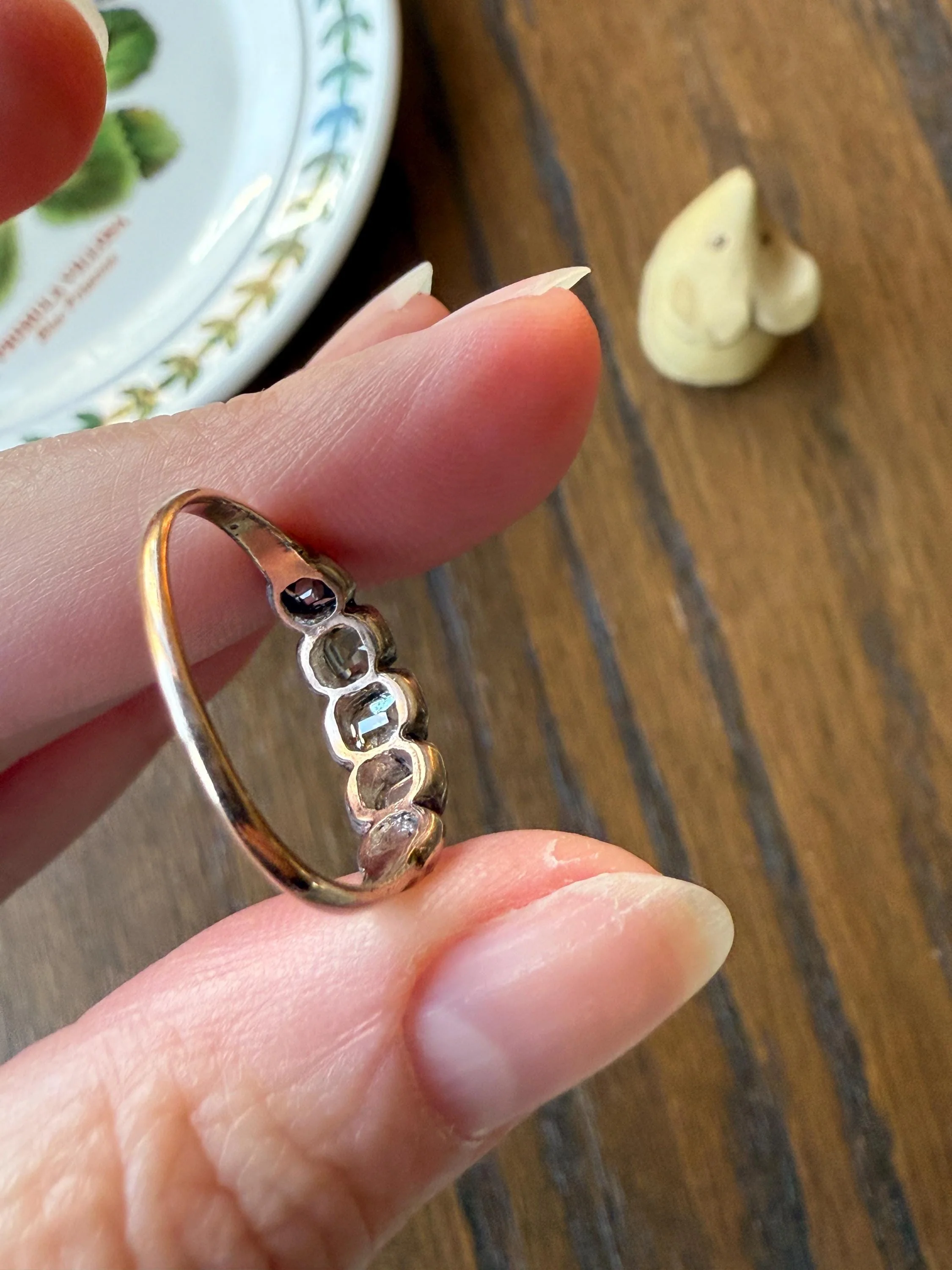 Table Cut DIAMOND Open Back Five Stone Stacker Band Antique 18k Gold Silver Colelt Five Stone Ring Half Hoop Stacker Gift Georgian Victorian - Image 16
