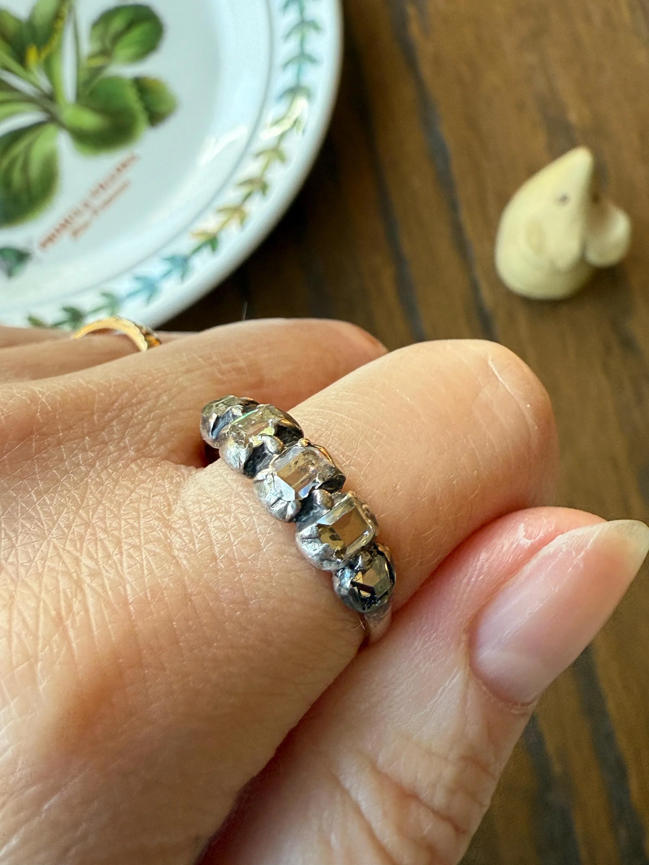Table Cut DIAMOND Open Back Five Stone Stacker Band Antique 18k Gold Silver Colelt Five Stone Ring Half Hoop Stacker Gift Georgian Victorian - Image 2