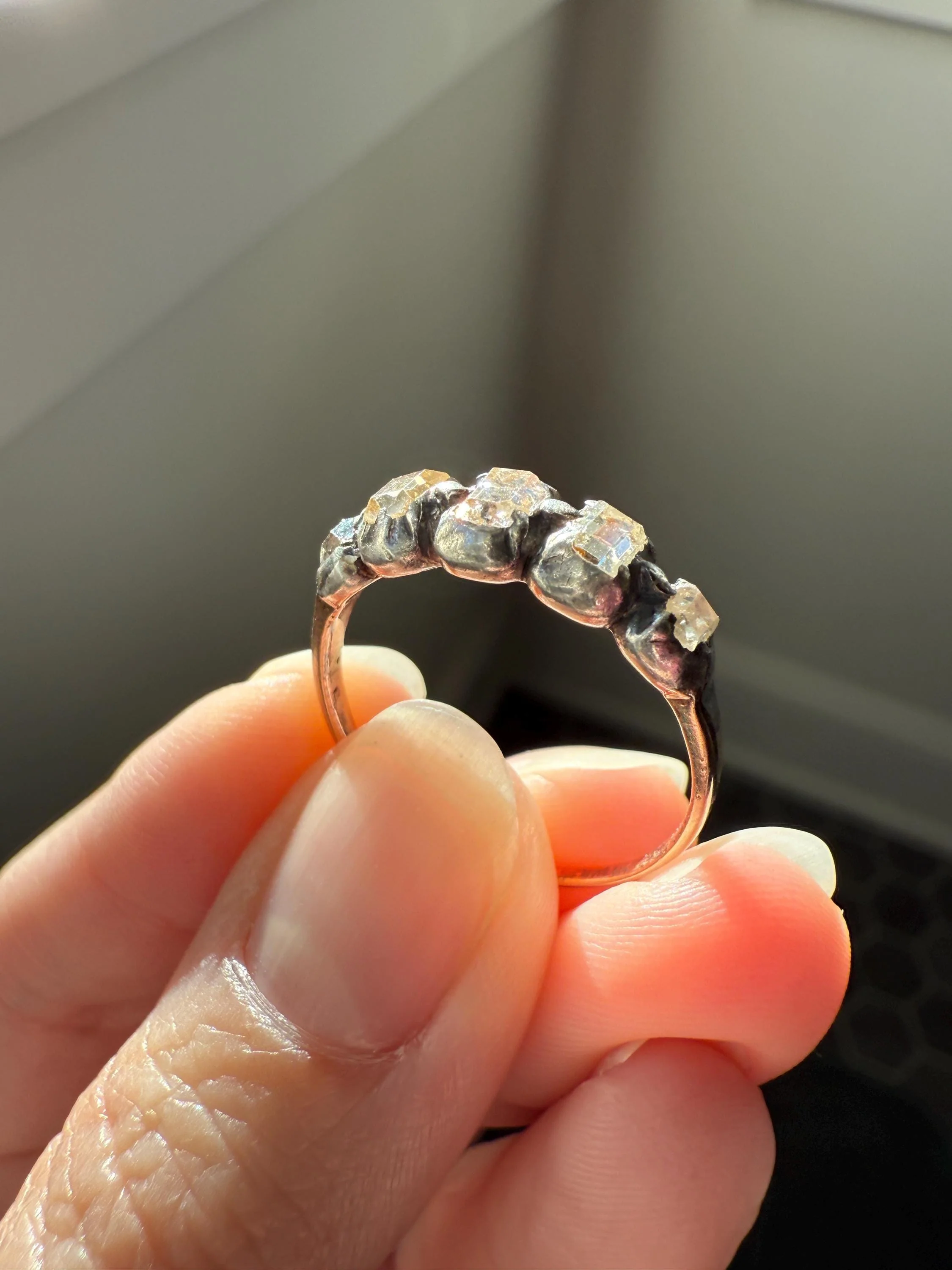 Table Cut DIAMOND Open Back Five Stone Stacker Band Antique 18k Gold Silver Colelt Five Stone Ring Half Hoop Stacker Gift Georgian Victorian - Image 9