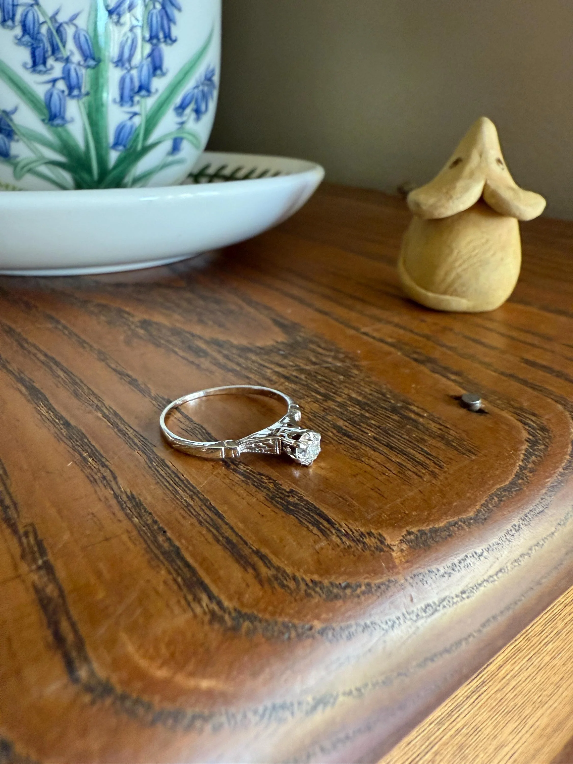 TALL Antique Eye Clean Old European Cut DIAMOND Solitaire Engagement Ring Art Deco 14k White Gold Unique Stacker Romantic Gift Wheat Engrave - Image 10