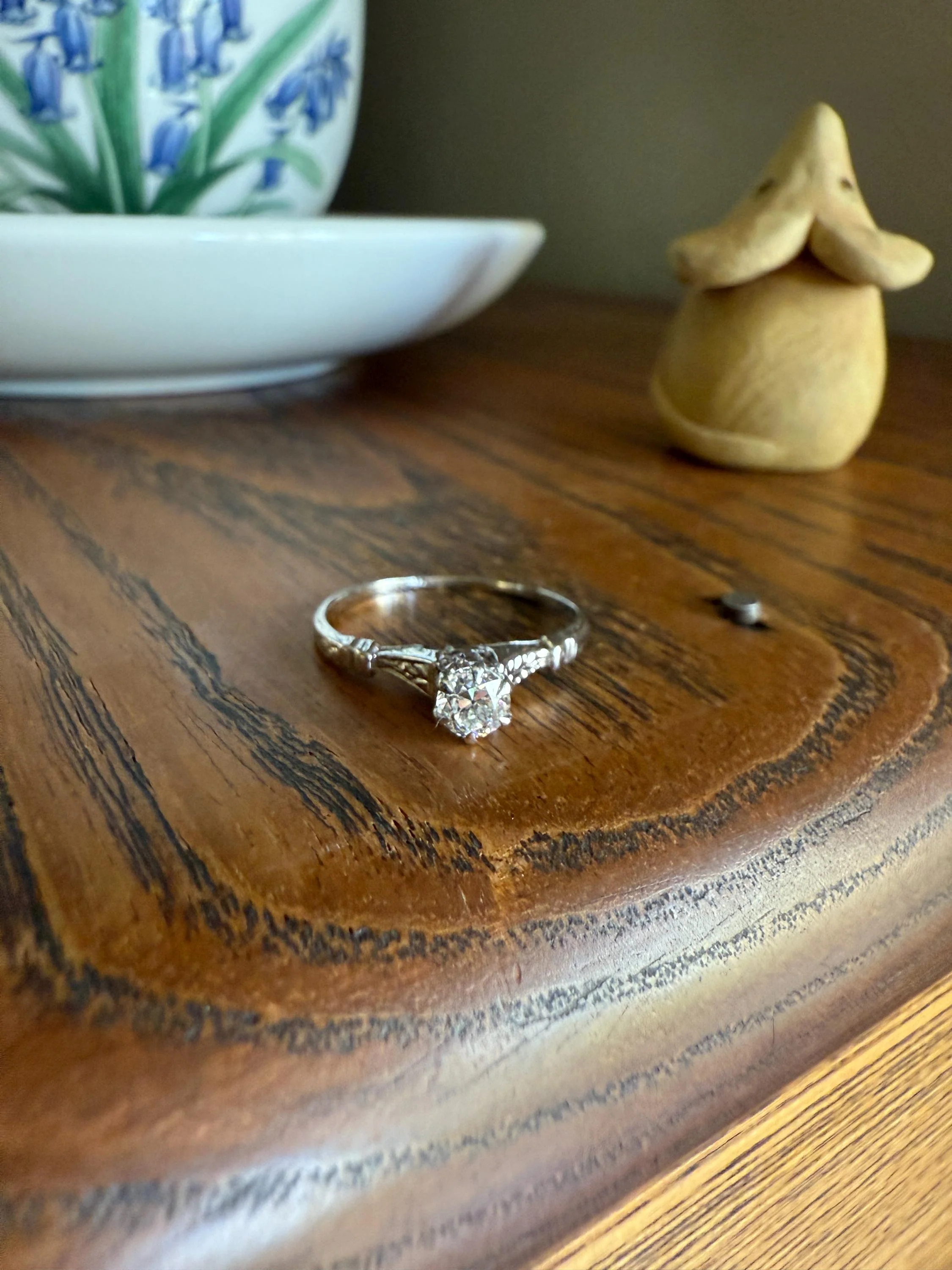 TALL Antique Eye Clean Old European Cut DIAMOND Solitaire Engagement Ring Art Deco 14k White Gold Unique Stacker Romantic Gift Wheat Engrave - Image 11