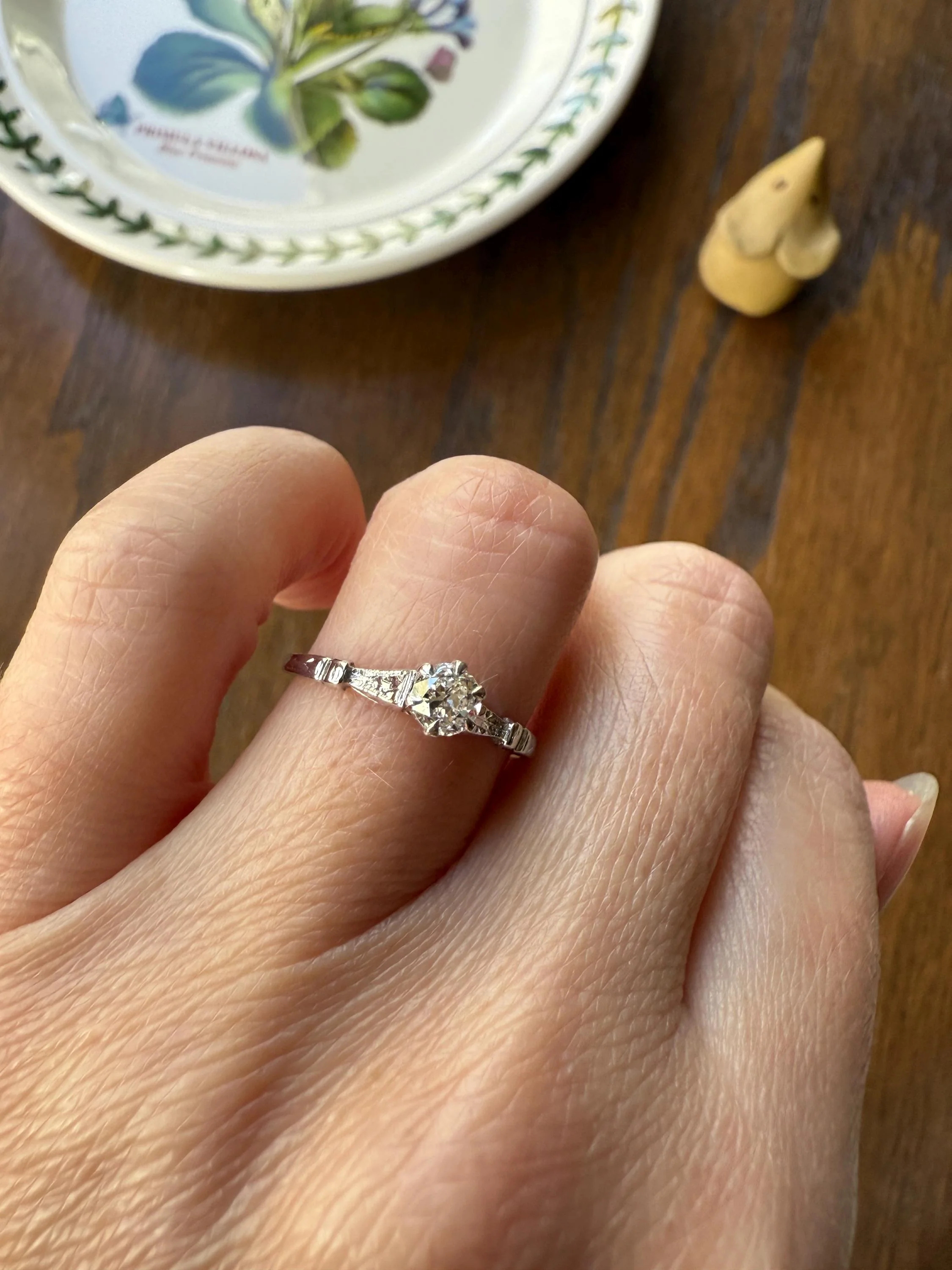 TALL Antique Eye Clean Old European Cut DIAMOND Solitaire Engagement Ring Art Deco 14k White Gold Unique Stacker Romantic Gift Wheat Engrave - Image 2