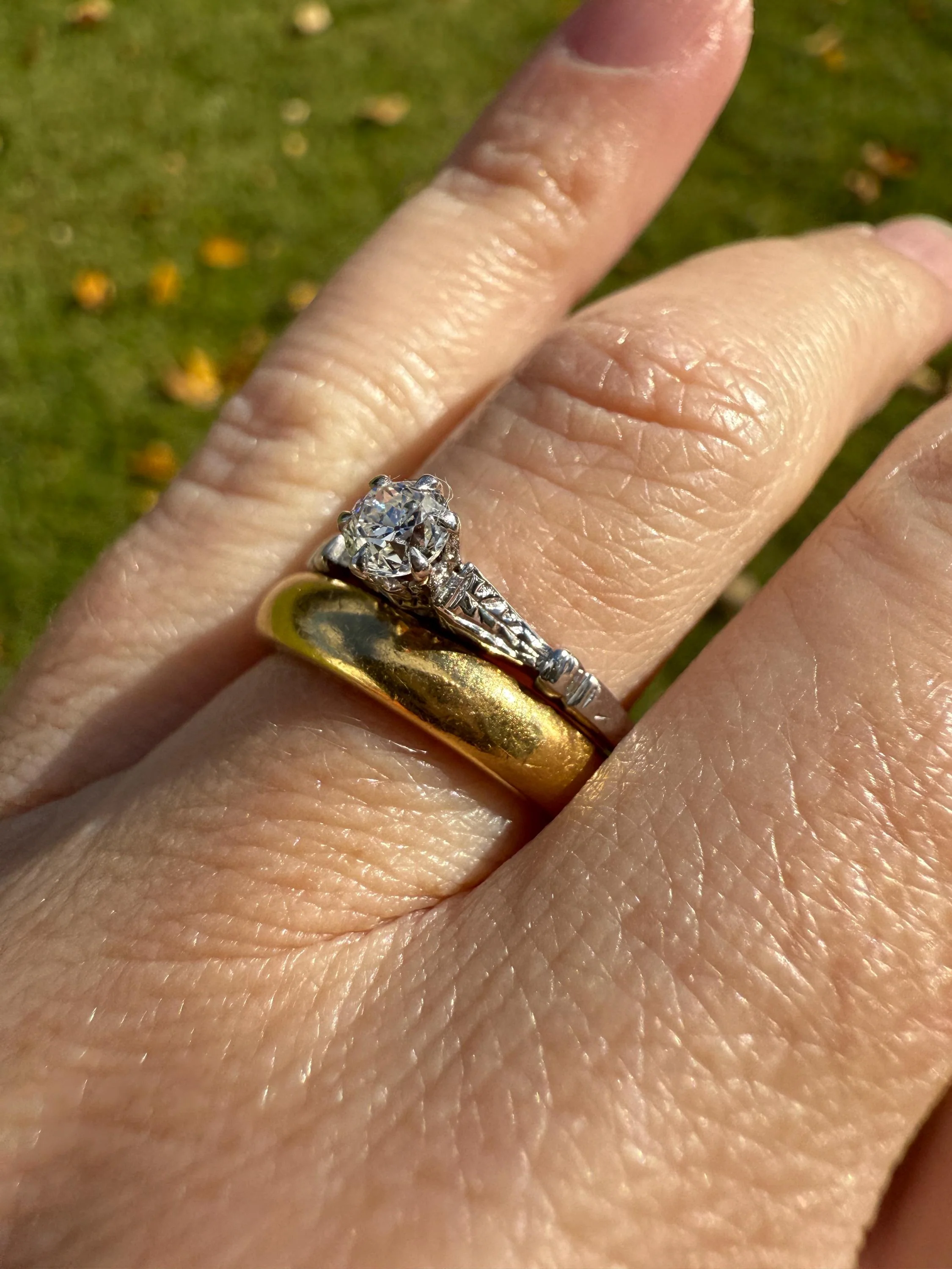 TALL Antique Eye Clean Old European Cut DIAMOND Solitaire Engagement Ring Art Deco 14k White Gold Unique Stacker Romantic Gift Wheat Engrave - Image 3