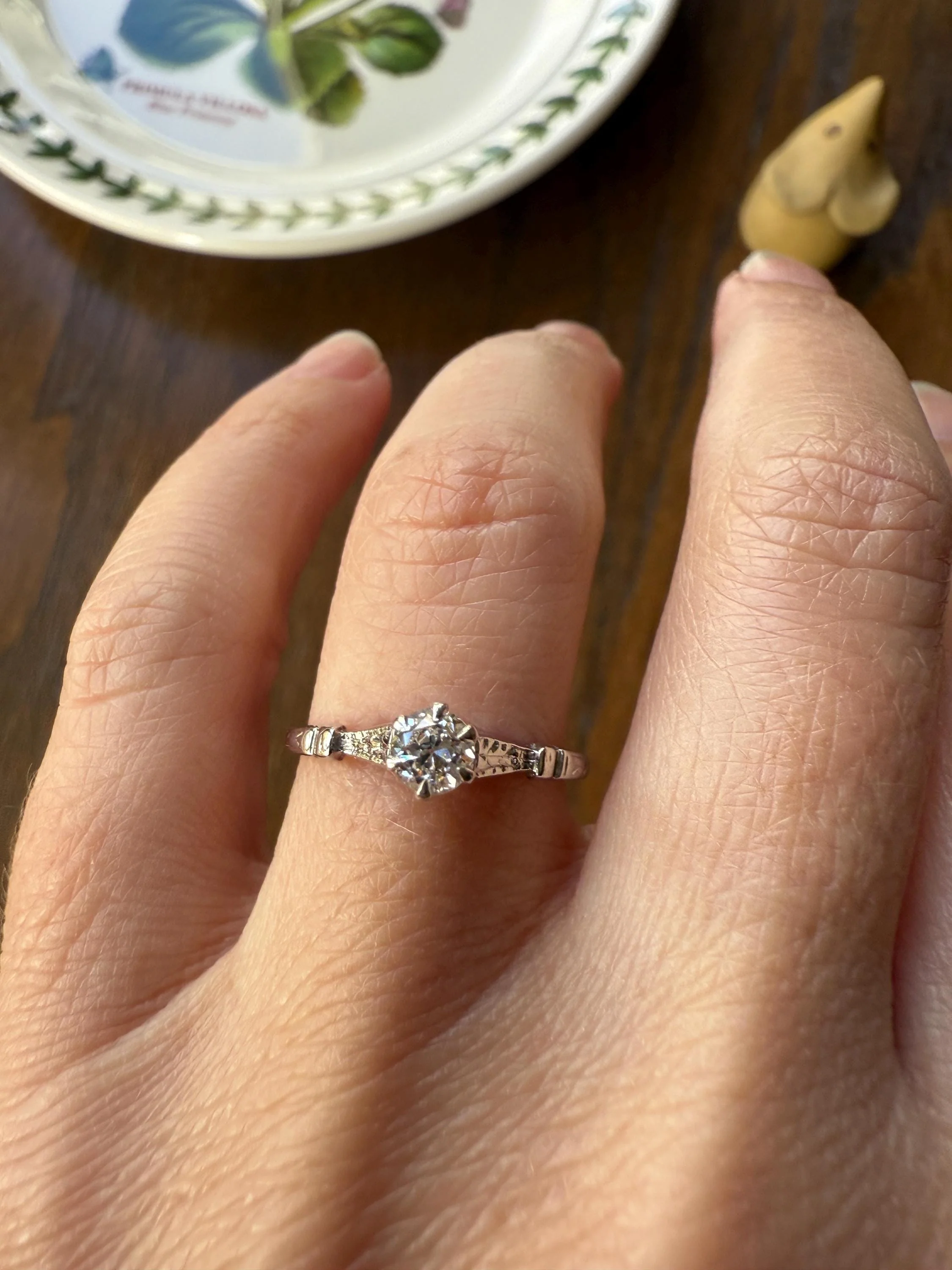 TALL Antique Eye Clean Old European Cut DIAMOND Solitaire Engagement Ring Art Deco 14k White Gold Unique Stacker Romantic Gift Wheat Engrave - Image 5