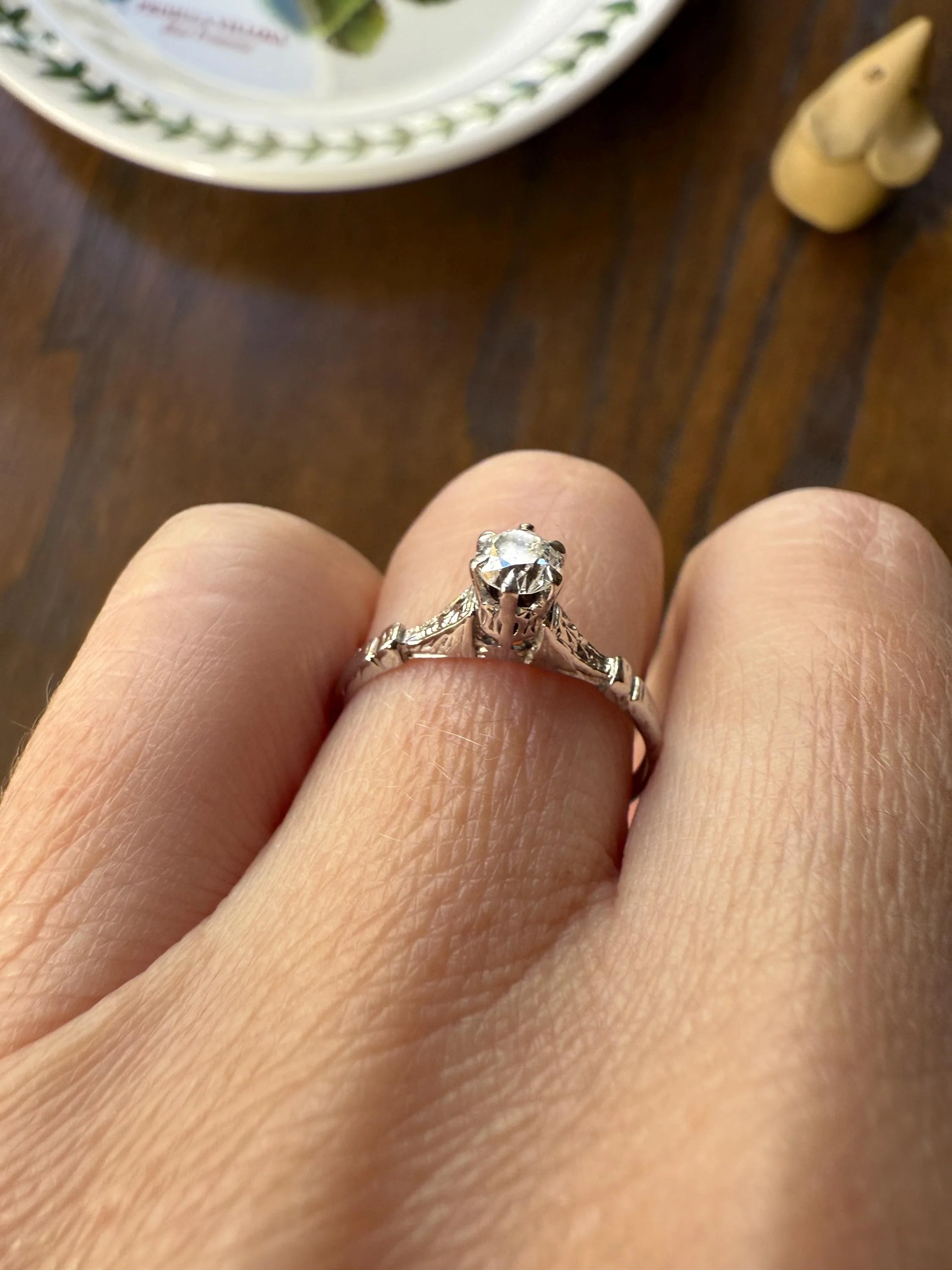 TALL Antique Eye Clean Old European Cut DIAMOND Solitaire Engagement Ring Art Deco 14k White Gold Unique Stacker Romantic Gift Wheat Engrave - Image 7