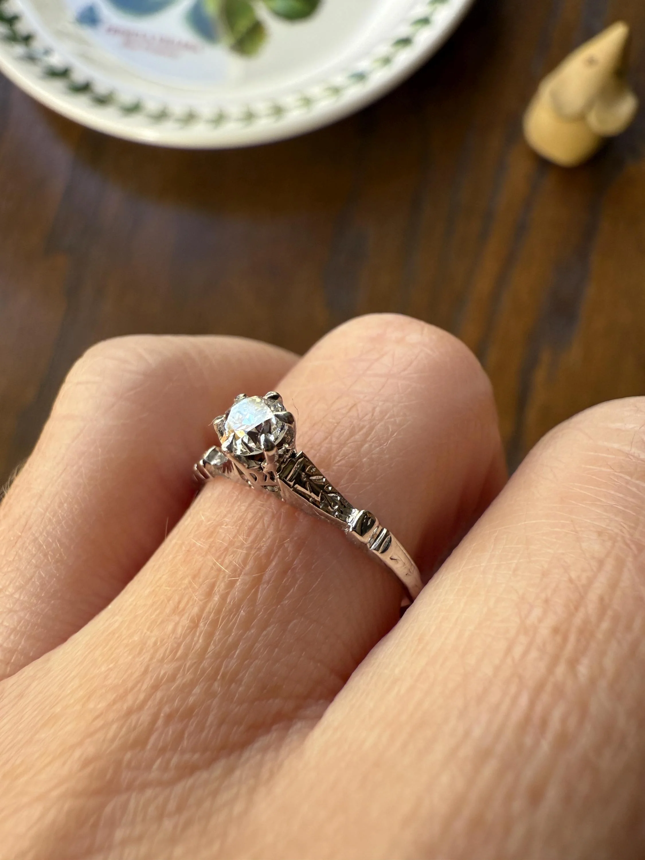 TALL Antique Eye Clean Old European Cut DIAMOND Solitaire Engagement Ring Art Deco 14k White Gold Unique Stacker Romantic Gift Wheat Engrave - Image 8
