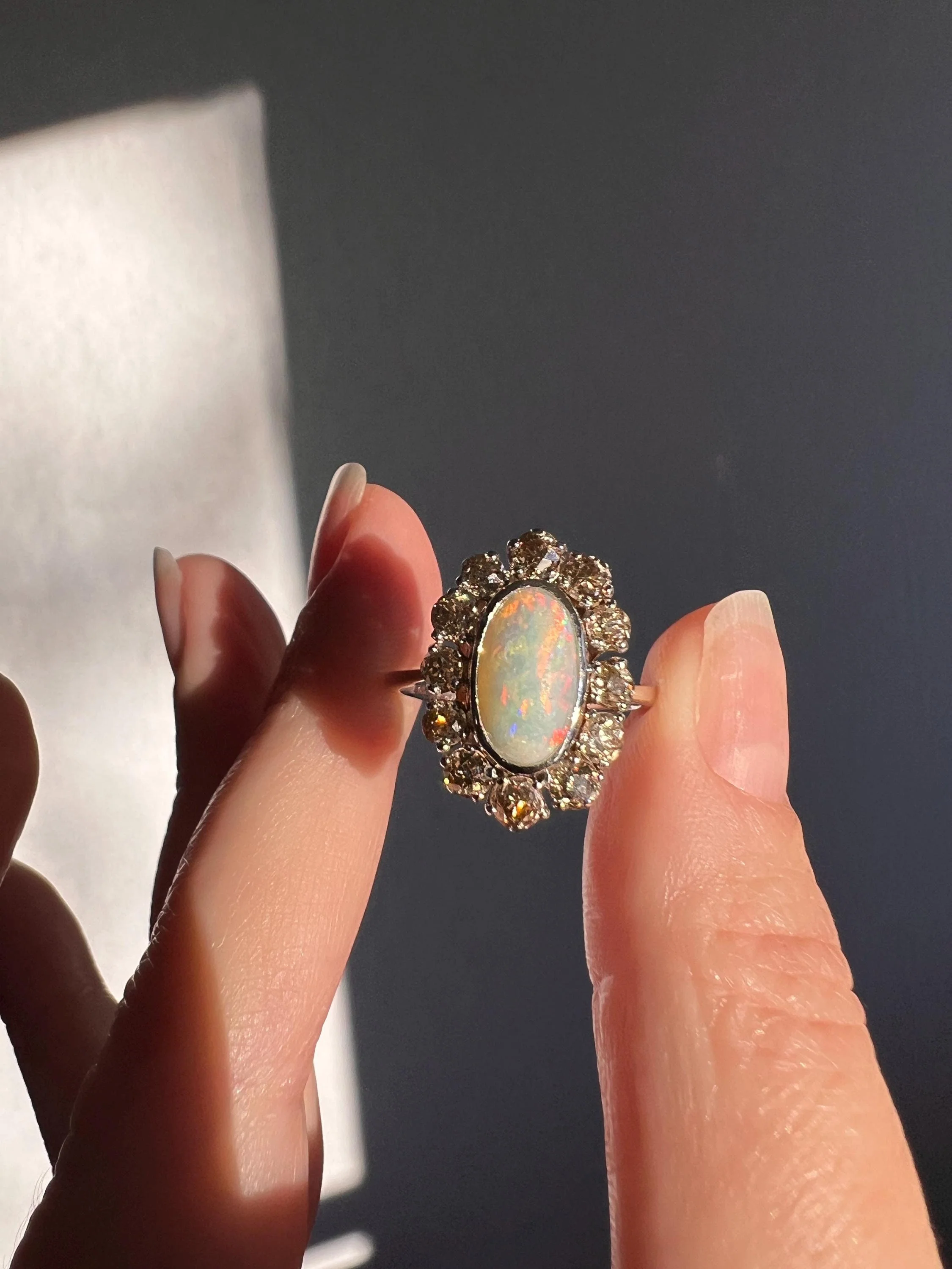 TALL OPAL 1.5 Carat Champagne Old Mine Cut DIAMOND Halo Vintage Ring Platinum 18k Gold Light Brown Antique OMC - Image 11