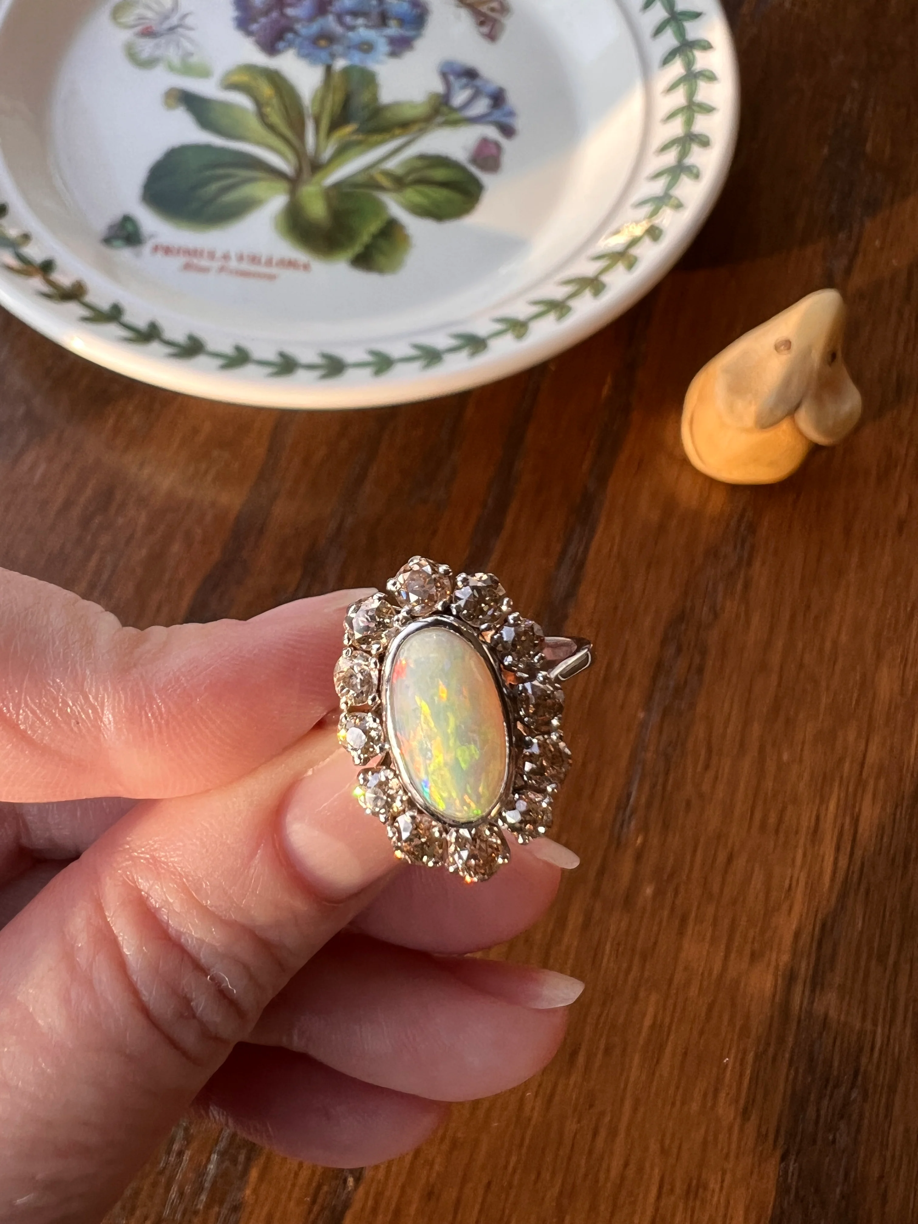 TALL OPAL 1.5 Carat Champagne Old Mine Cut DIAMOND Halo Vintage Ring Platinum 18k Gold Light Brown Antique OMC - Image 14