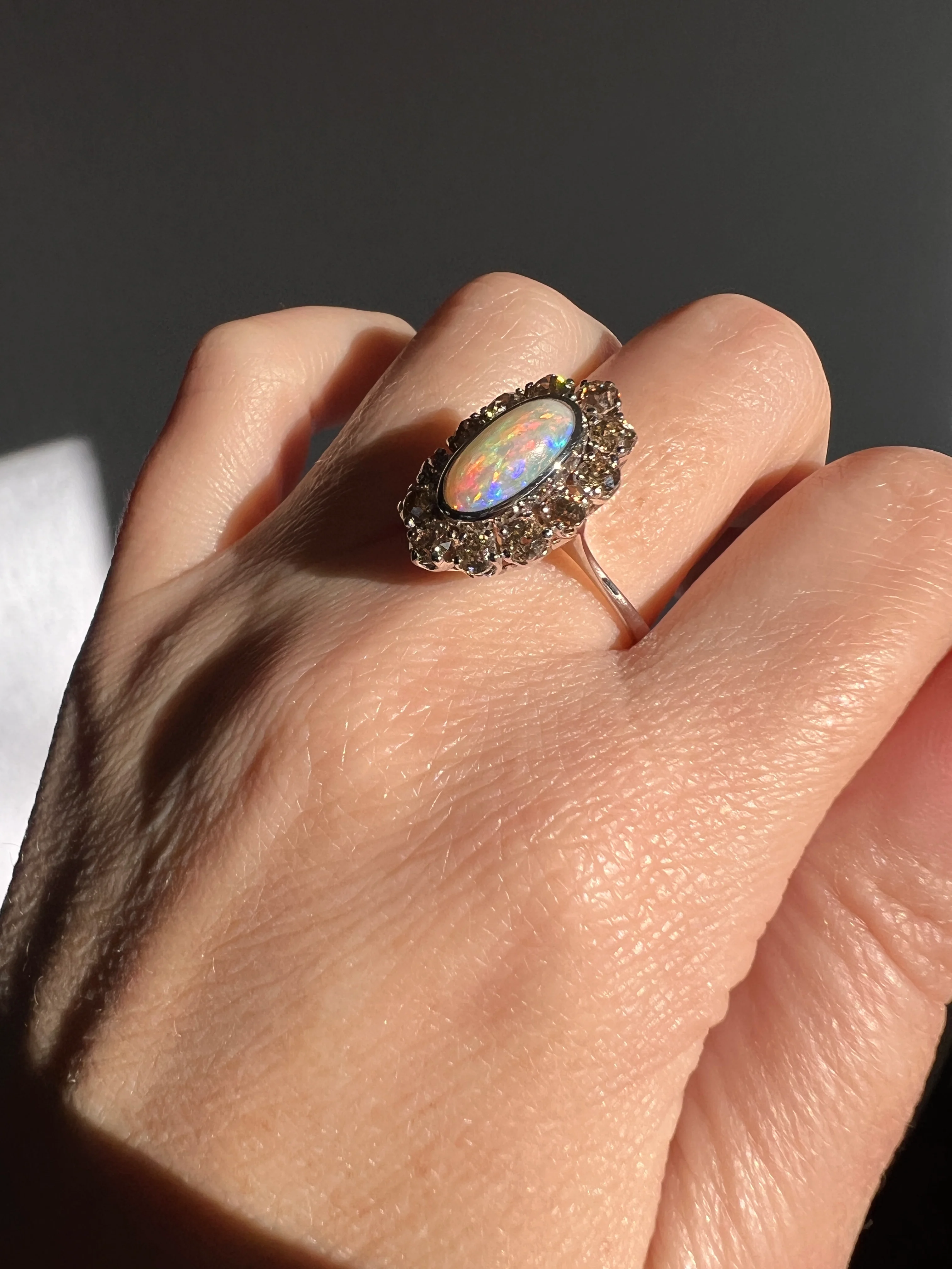 TALL OPAL 1.5 Carat Champagne Old Mine Cut DIAMOND Halo Vintage Ring Platinum 18k Gold Light Brown Antique OMC - Image 15