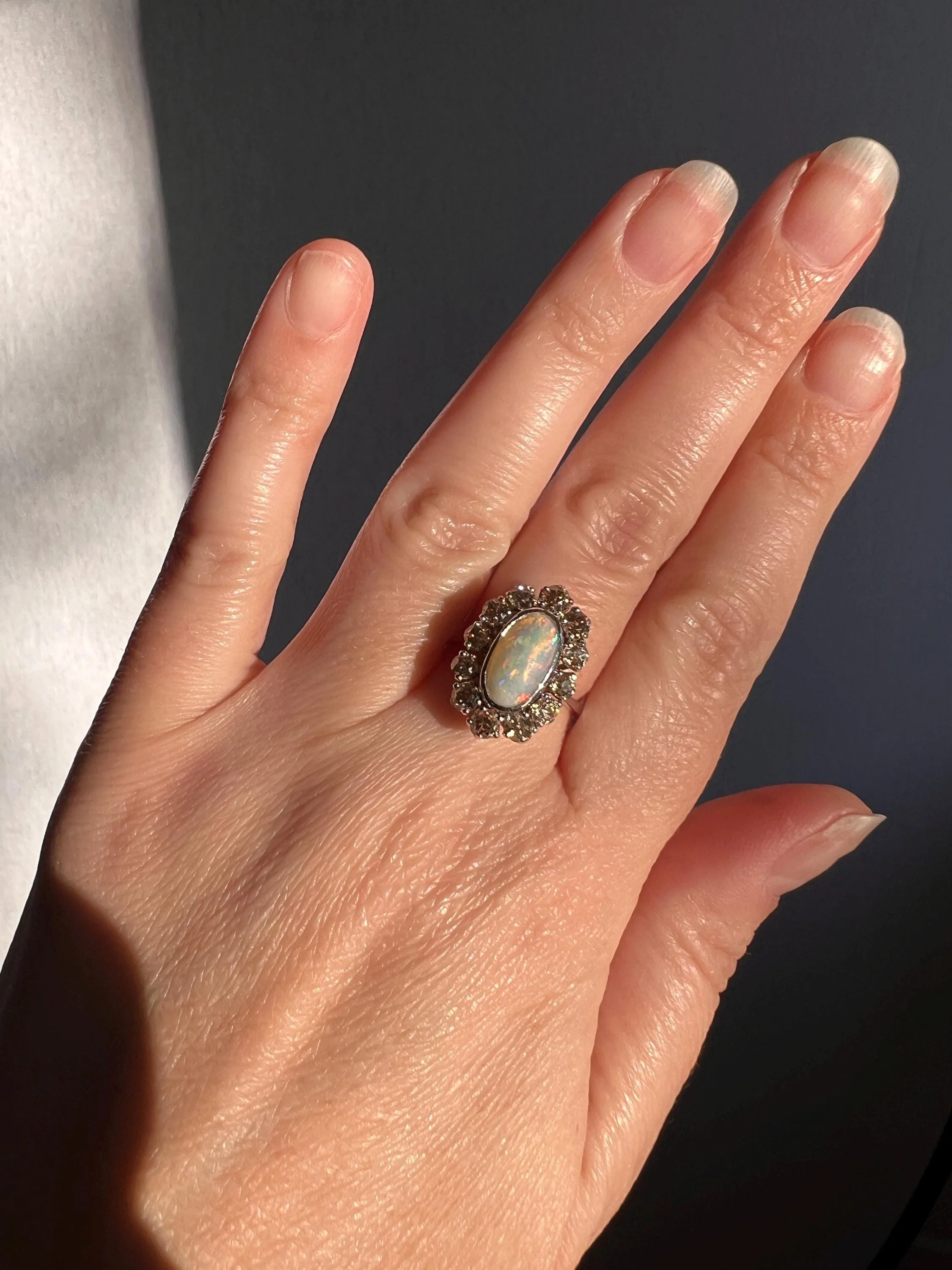 TALL OPAL 1.5 Carat Champagne Old Mine Cut DIAMOND Halo Vintage Ring Platinum 18k Gold Light Brown Antique OMC - Image 2