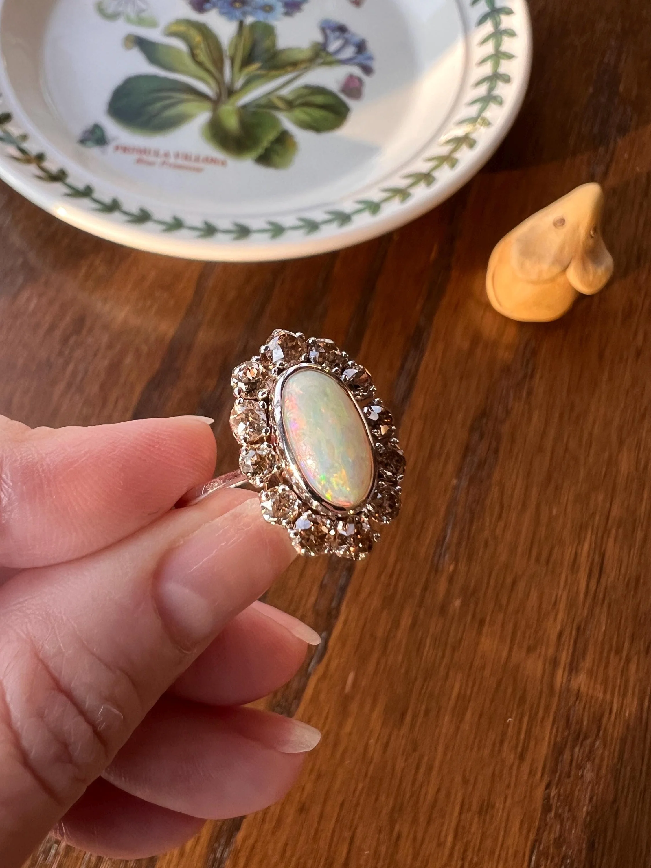 TALL OPAL 1.5 Carat Champagne Old Mine Cut DIAMOND Halo Vintage Ring Platinum 18k Gold Light Brown Antique OMC - Image 3