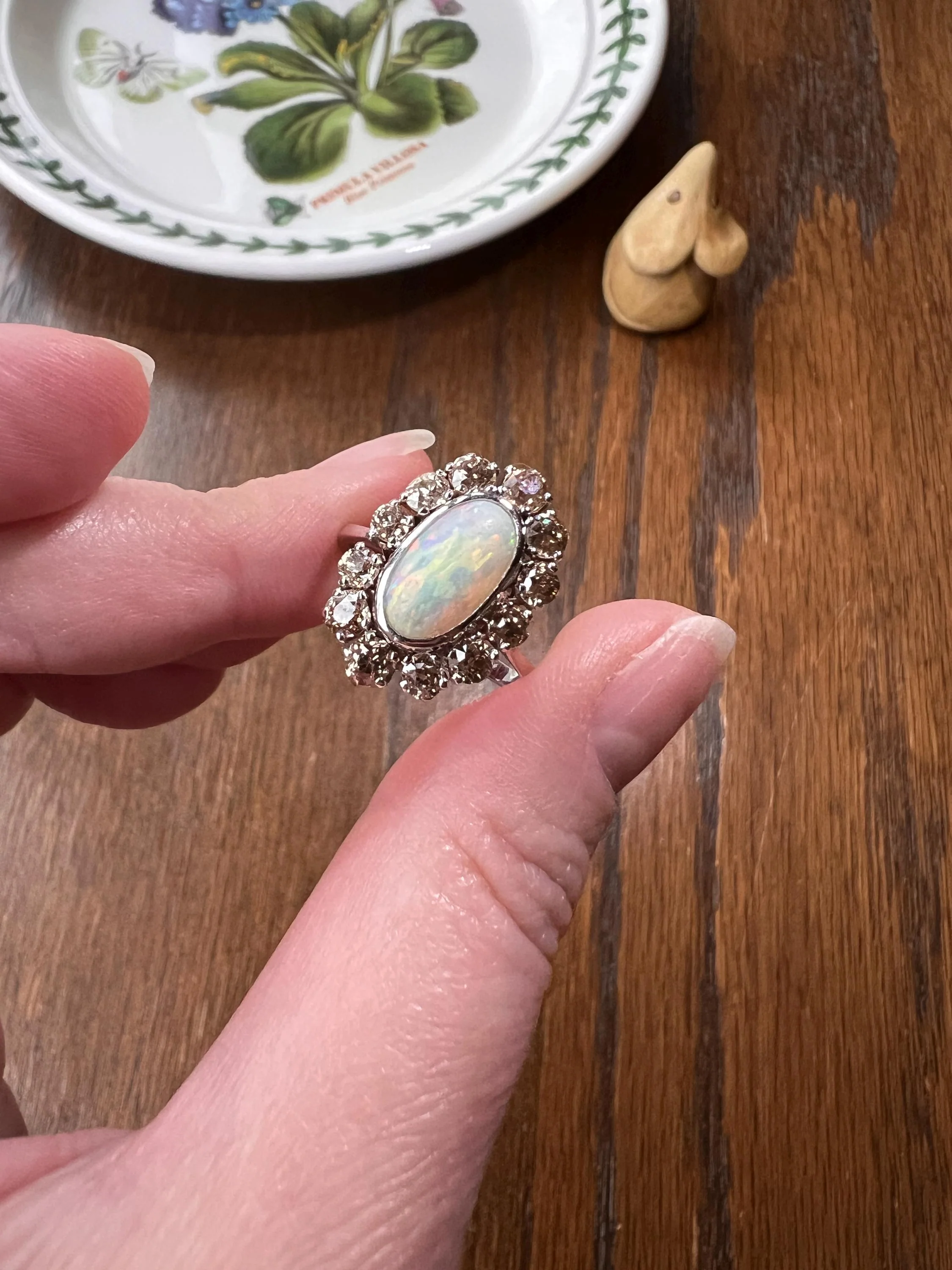 TALL OPAL 1.5 Carat Champagne Old Mine Cut DIAMOND Halo Vintage Ring Platinum 18k Gold Light Brown Antique OMC - Image 6