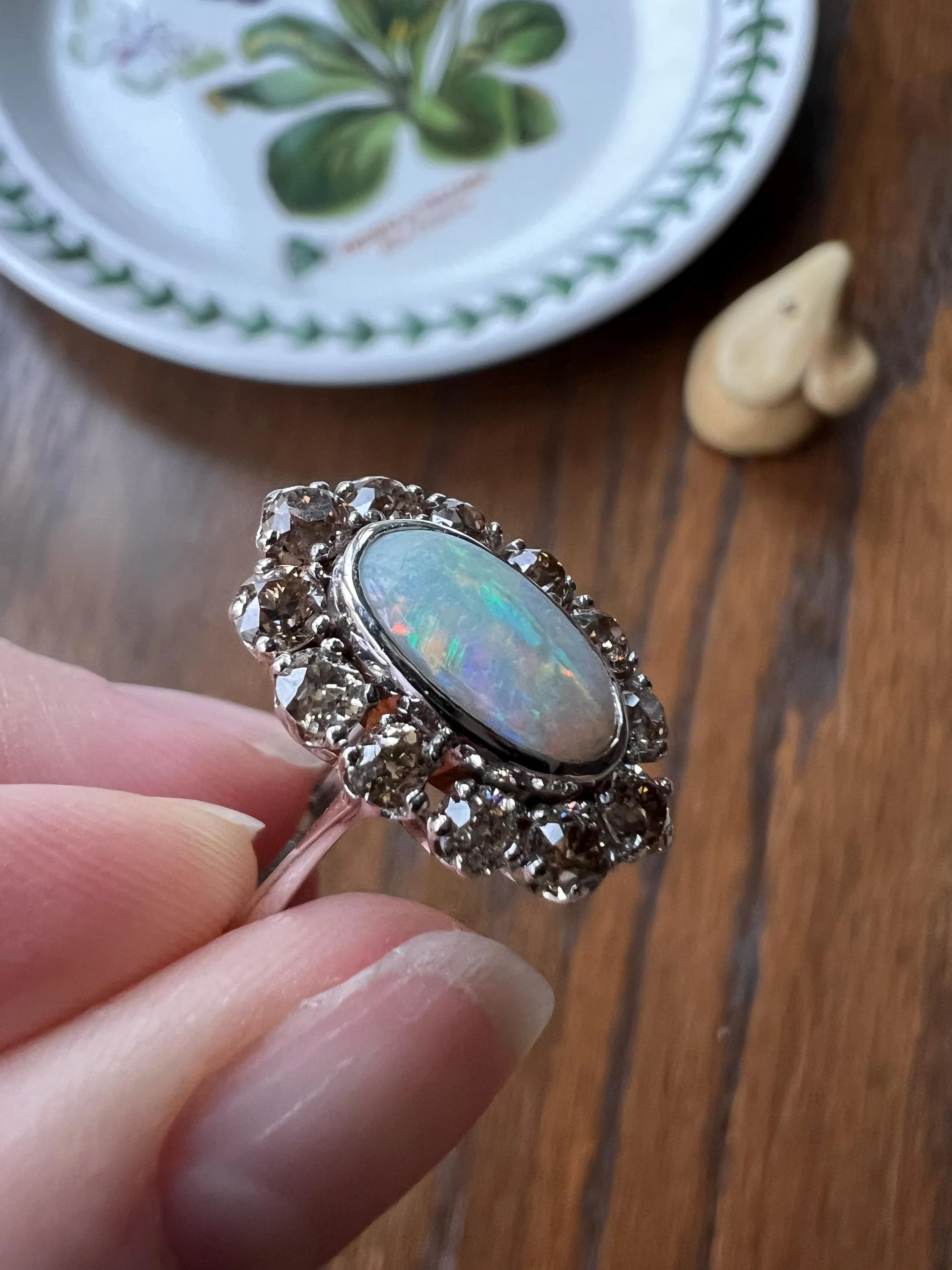 TALL OPAL 1.5 Carat Champagne Old Mine Cut DIAMOND Halo Vintage Ring Platinum 18k Gold Light Brown Antique OMC - Image 7