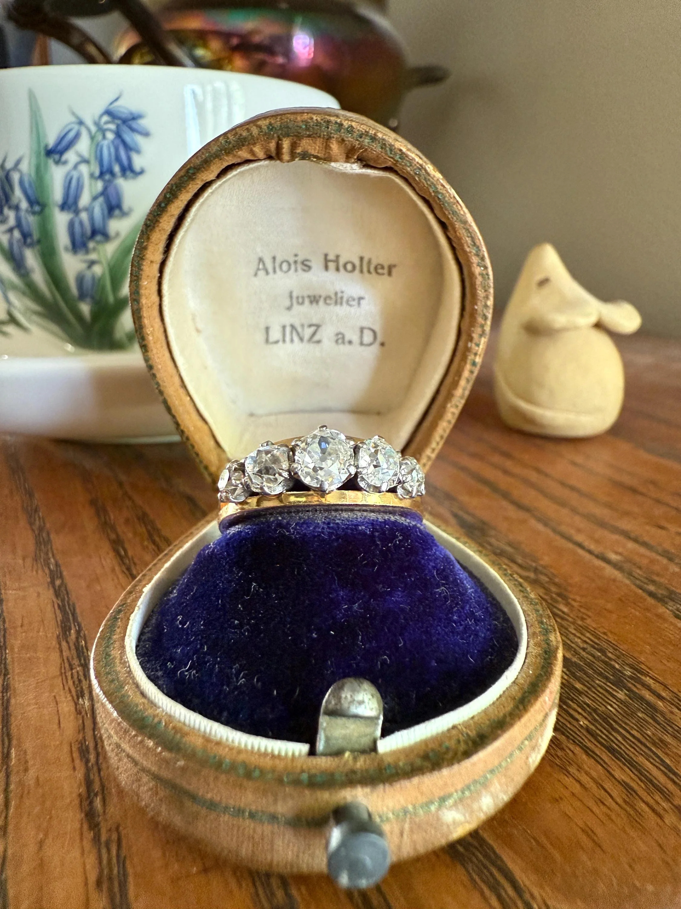 TALL French Vintage Ring 1.65 Carat Antique Old Mine Cut DIAMOND Five Stone Wide Band 18k Gold Platinum Solid Stacker Chunky - Image 11