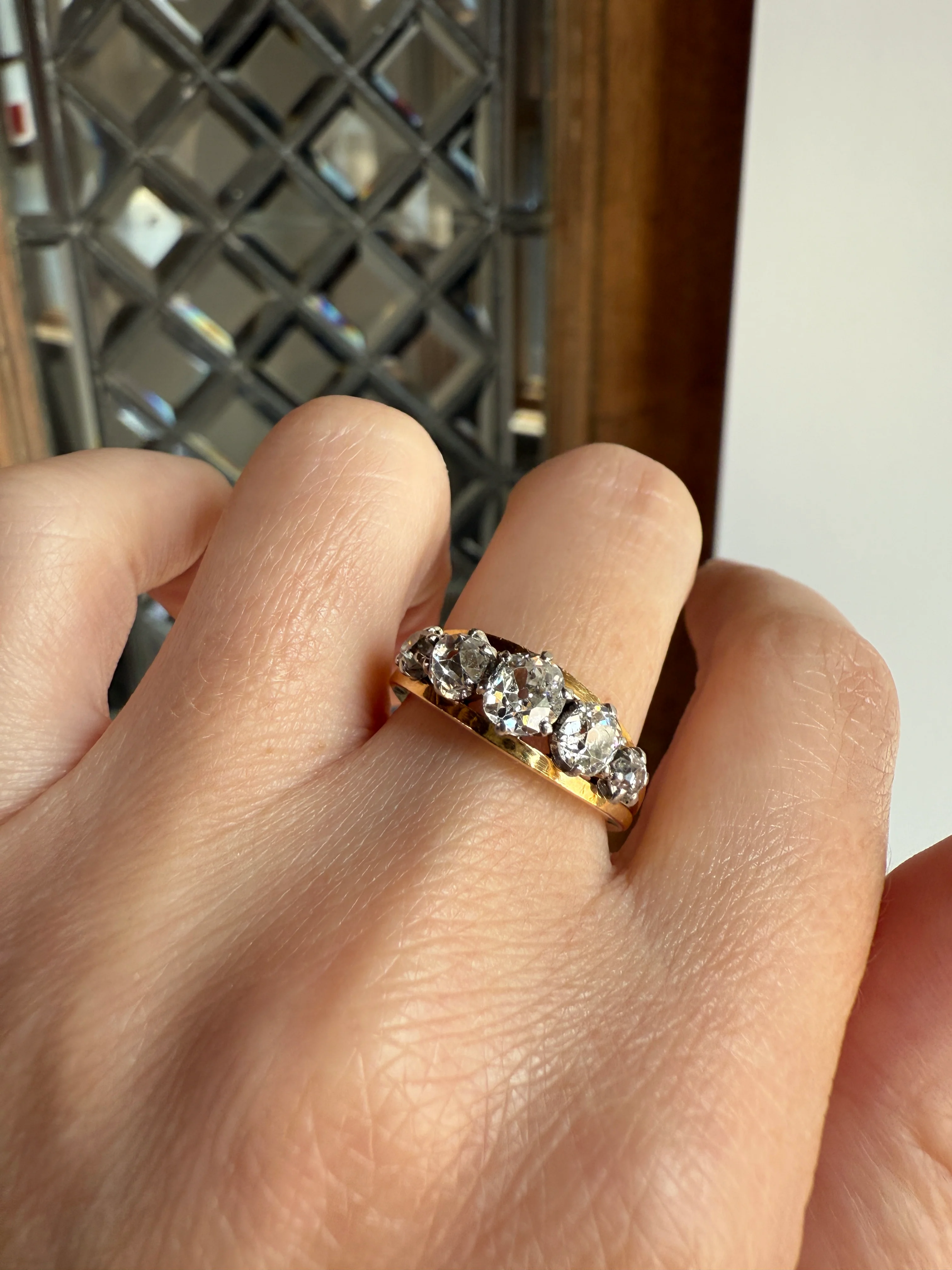 TALL French Vintage Ring 1.65 Carat Antique Old Mine Cut DIAMOND Five Stone Wide Band 18k Gold Platinum Solid Stacker Chunky - Image 12