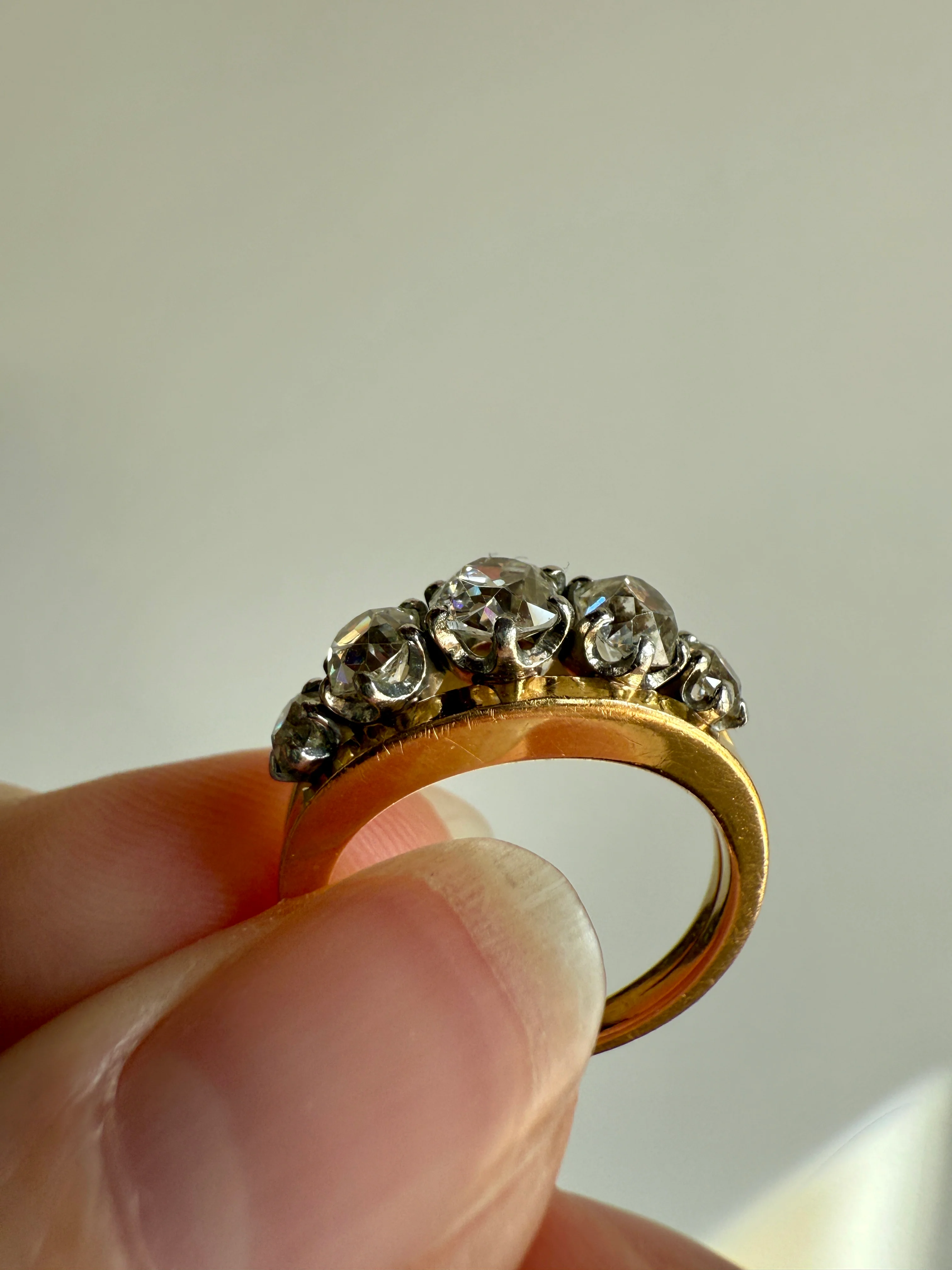 TALL French Vintage Ring 1.65 Carat Antique Old Mine Cut DIAMOND Five Stone Wide Band 18k Gold Platinum Solid Stacker Chunky - Image 14