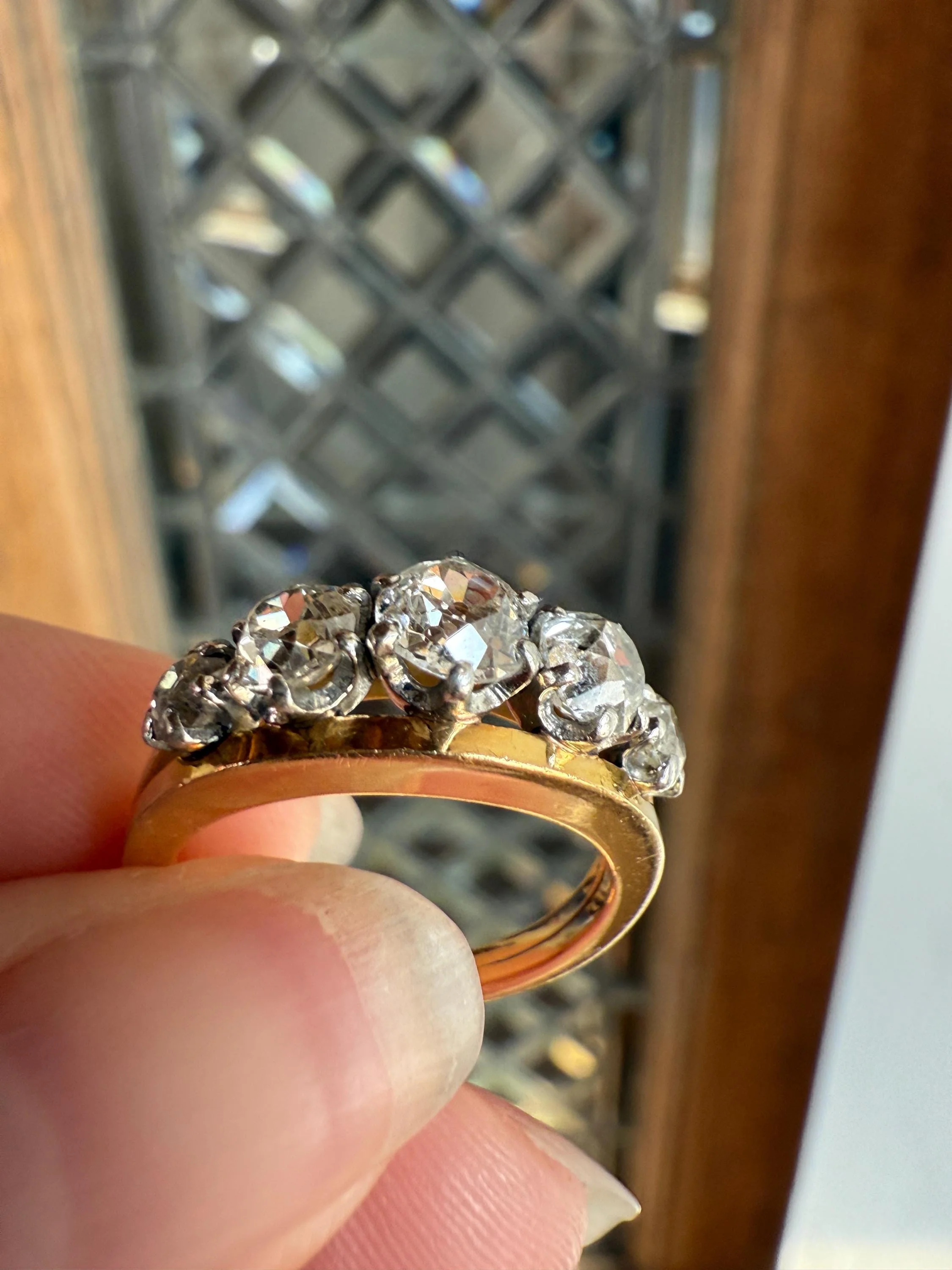 TALL French Vintage Ring 1.65 Carat Antique Old Mine Cut DIAMOND Five Stone Wide Band 18k Gold Platinum Solid Stacker Chunky - Image 2