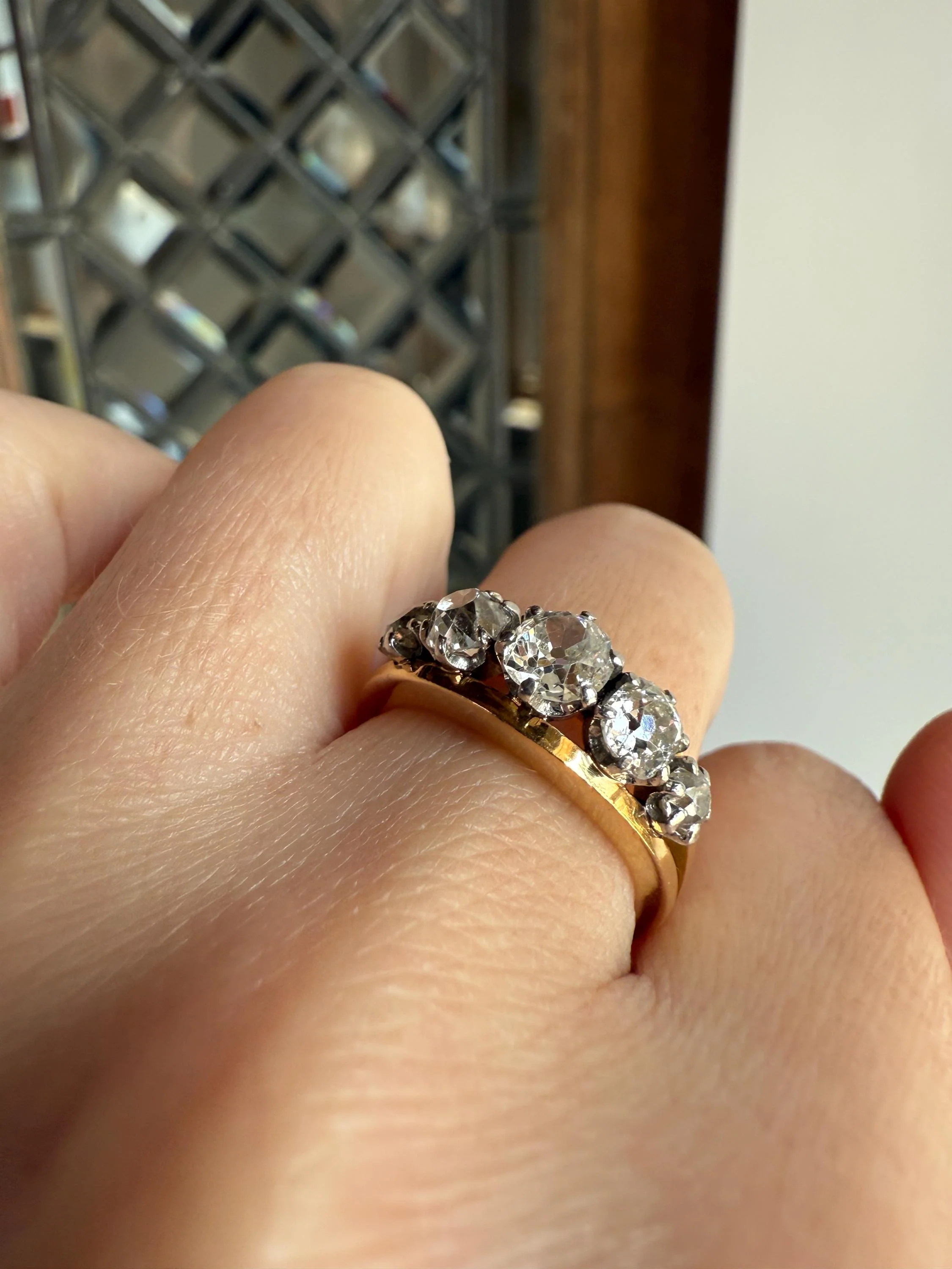 TALL French Vintage Ring 1.65 Carat Antique Old Mine Cut DIAMOND Five Stone Wide Band 18k Gold Platinum Solid Stacker Chunky - Image 3
