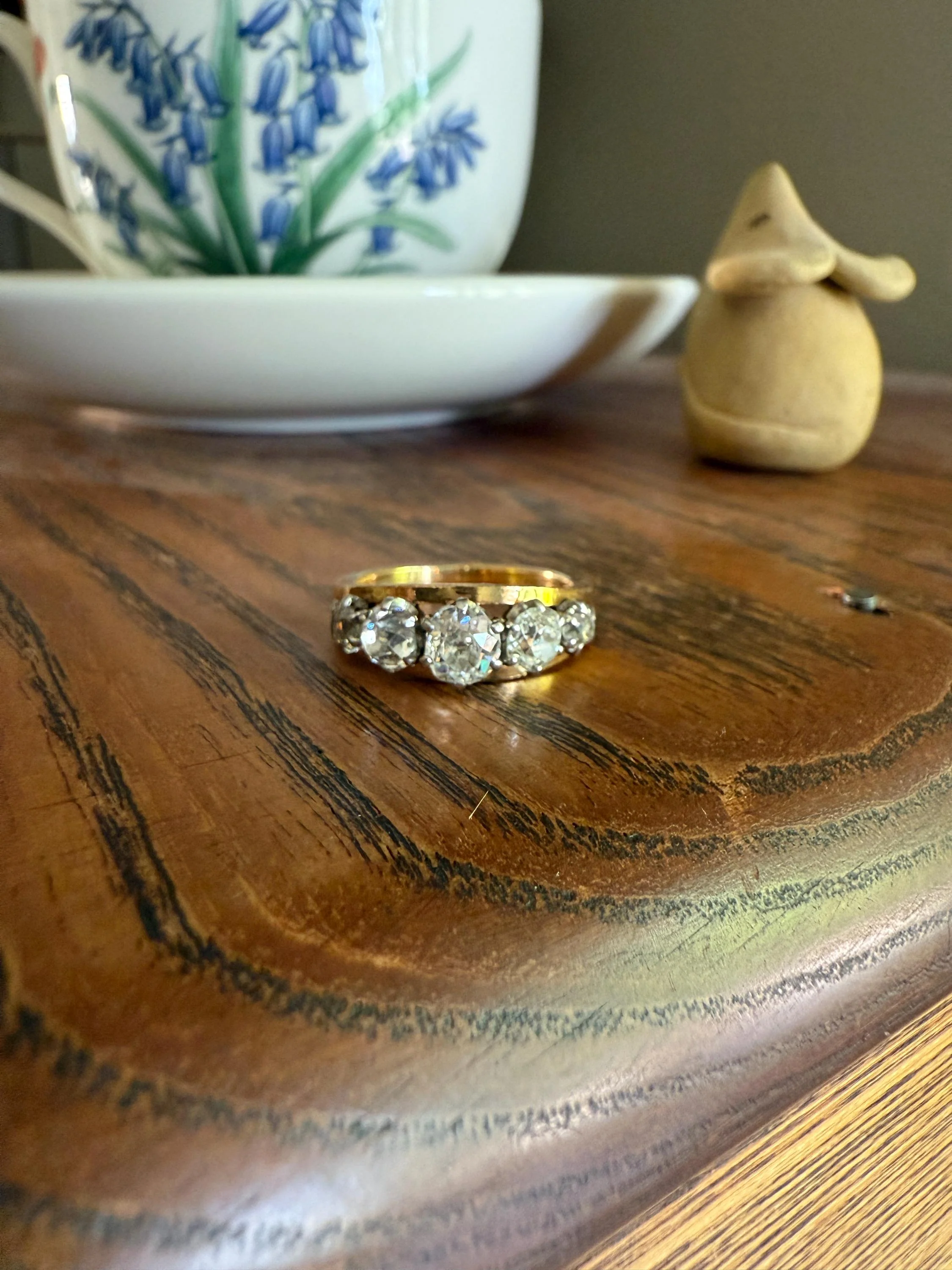 TALL French Vintage Ring 1.65 Carat Antique Old Mine Cut DIAMOND Five Stone Wide Band 18k Gold Platinum Solid Stacker Chunky - Image 4