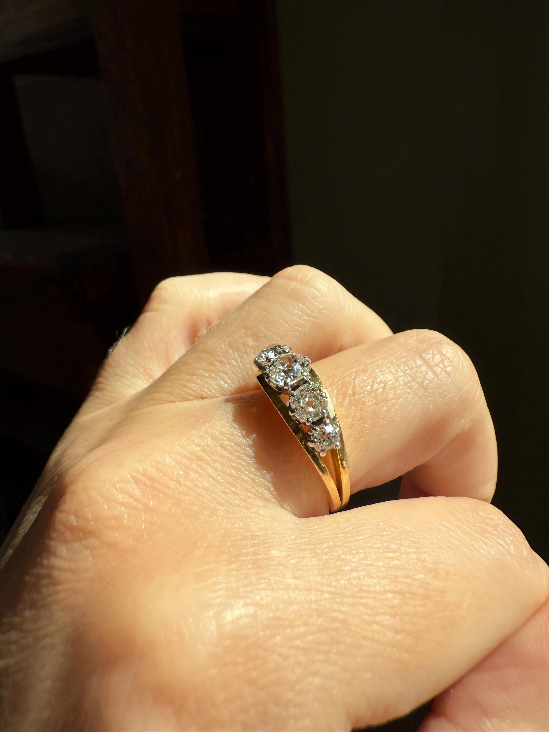 TALL French Vintage Ring 1.65 Carat Antique Old Mine Cut DIAMOND Five Stone Wide Band 18k Gold Platinum Solid Stacker Chunky - Image 6