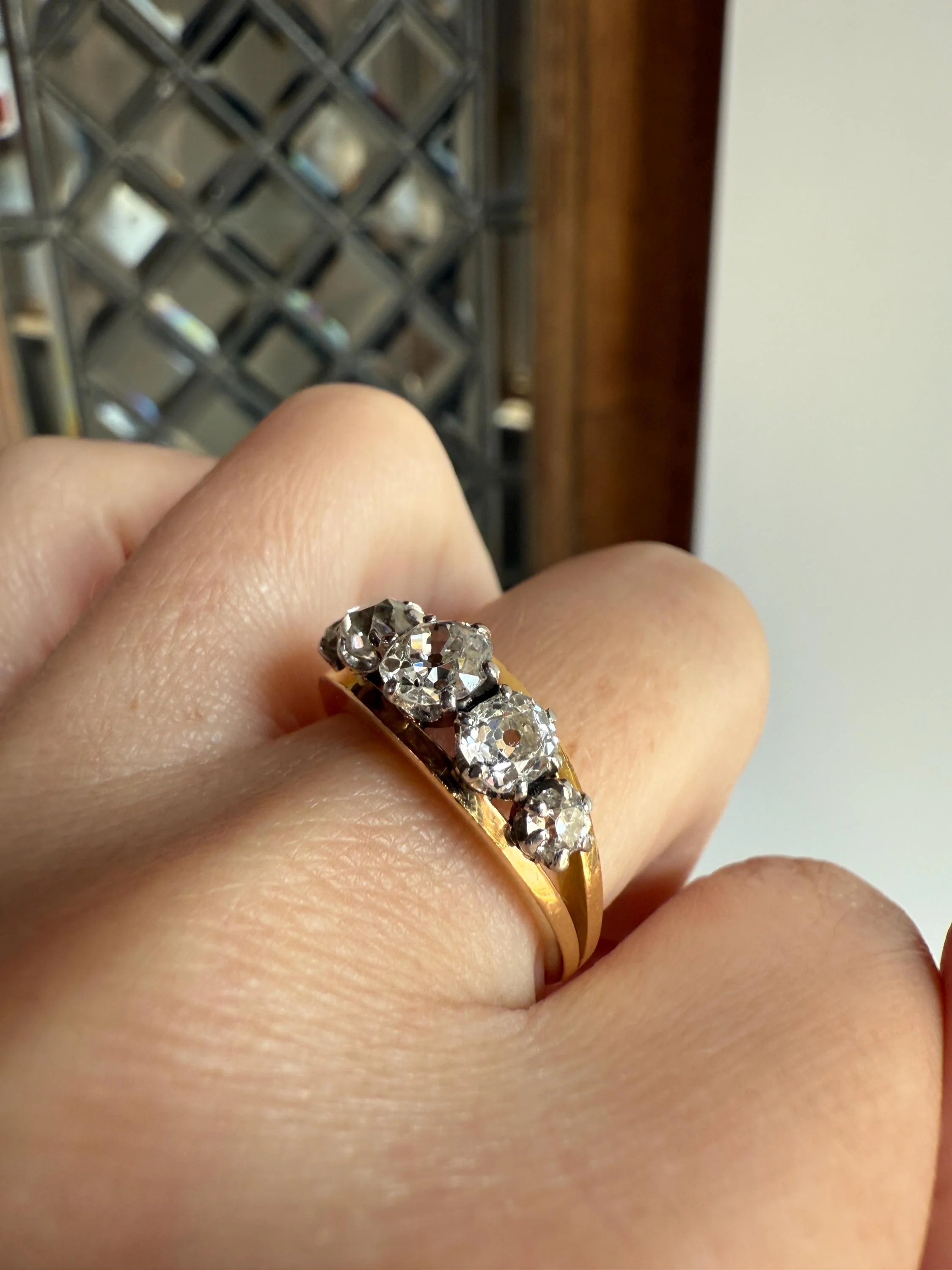 TALL French Vintage Ring 1.65 Carat Antique Old Mine Cut DIAMOND Five Stone Wide Band 18k Gold Platinum Solid Stacker Chunky - Image 7