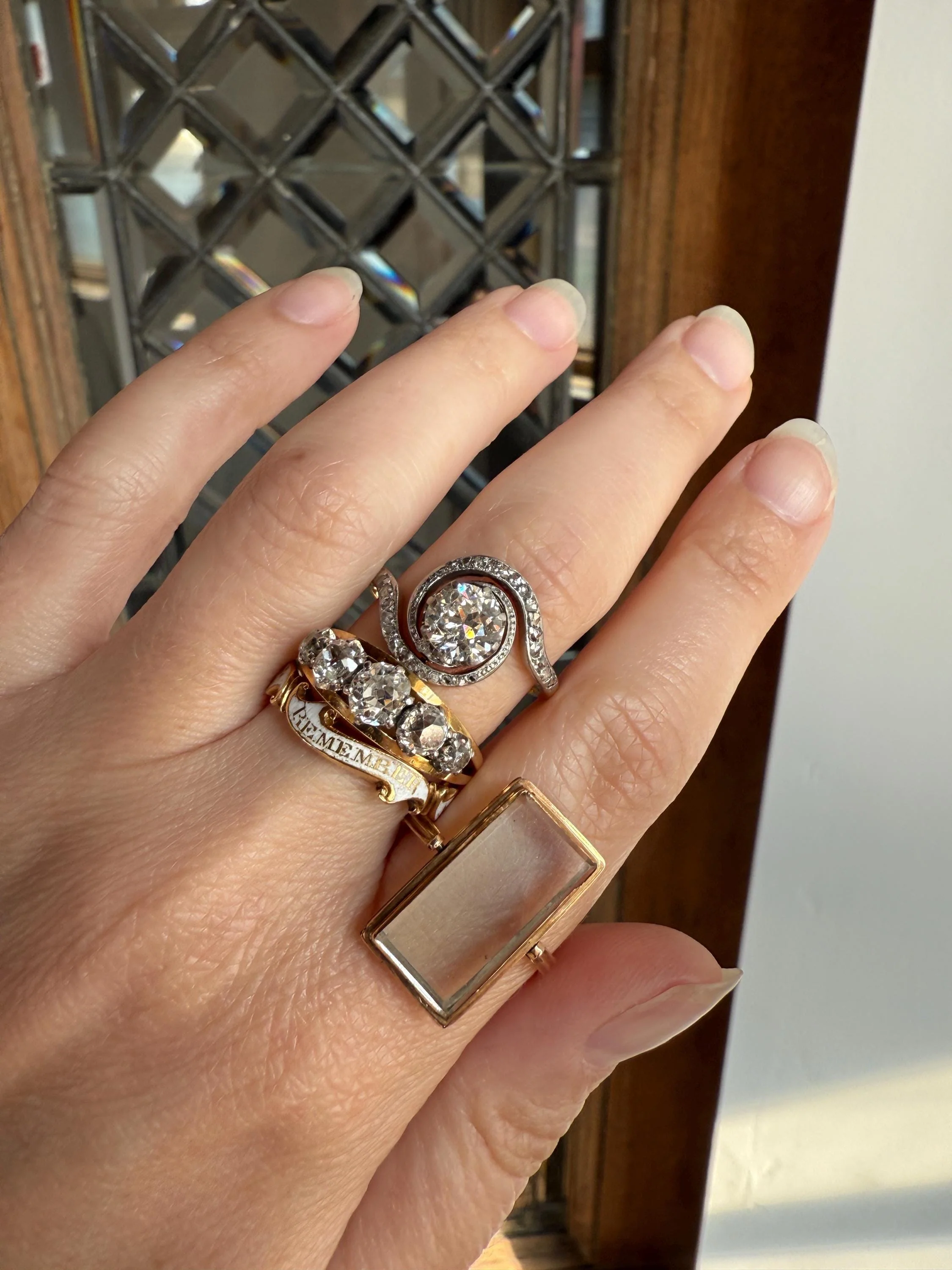 TALL French Vintage Ring 1.65 Carat Antique Old Mine Cut DIAMOND Five Stone Wide Band 18k Gold Platinum Solid Stacker Chunky - Image 8