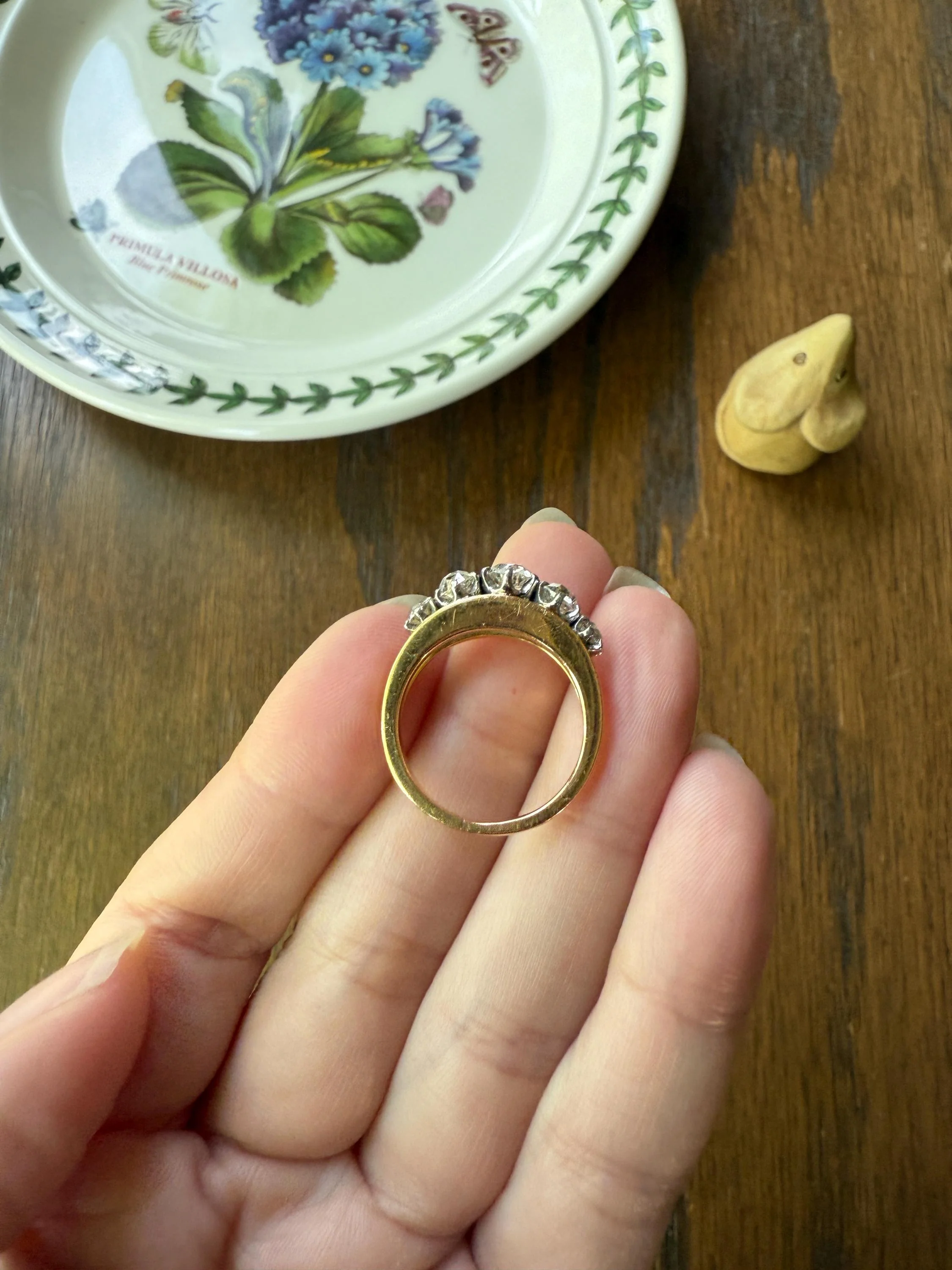 TALL French Vintage Ring 1.65 Carat Antique Old Mine Cut DIAMOND Five Stone Wide Band 18k Gold Platinum Solid Stacker Chunky - Image 9