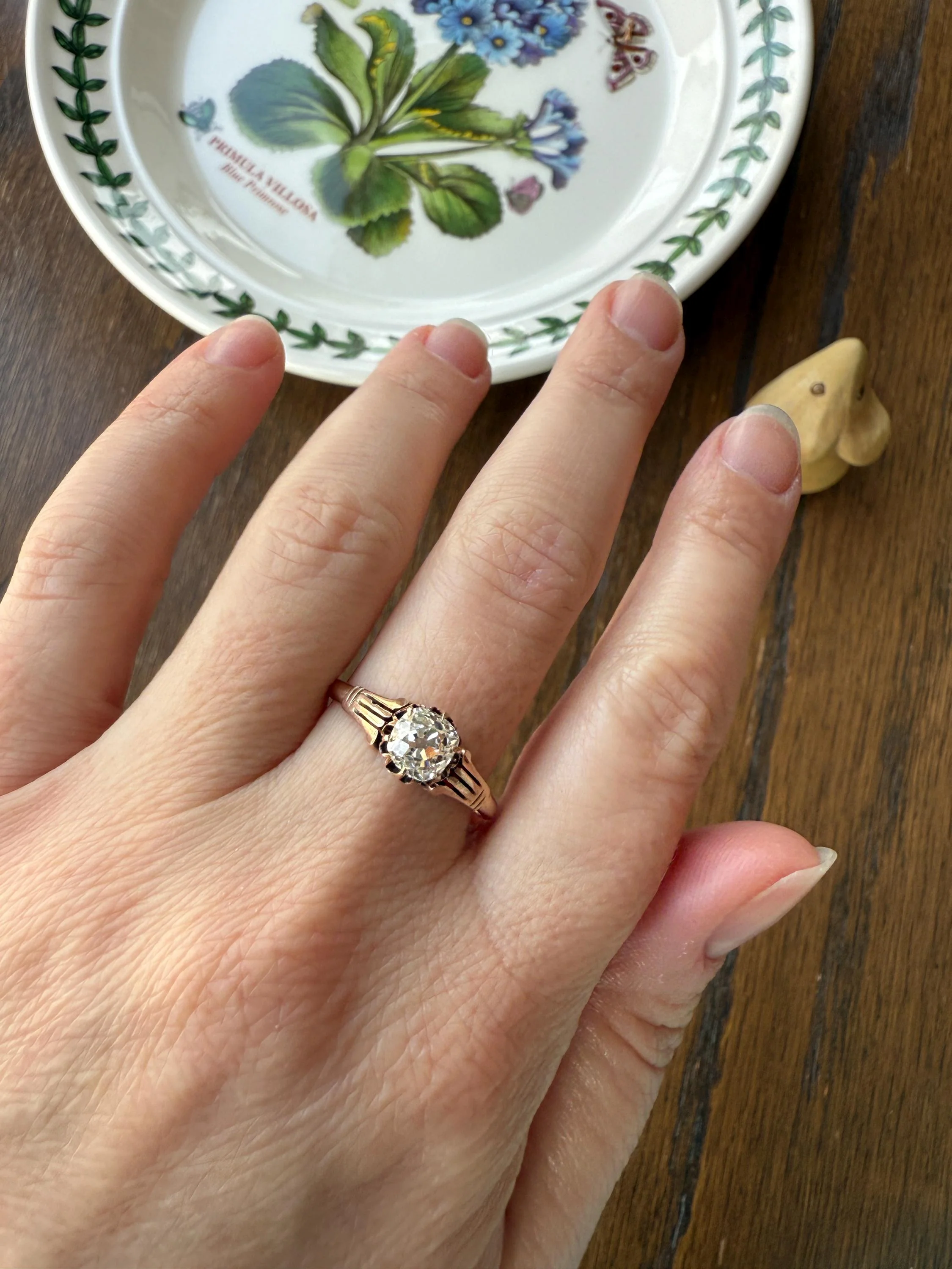 Tall Ornate French Victorian Antique One Carat Old Mine Cut DIAMOND Solitaire Engagement Ring 10k Rose Gold Scrolled Tulip Shoulders Stacker - Image 10