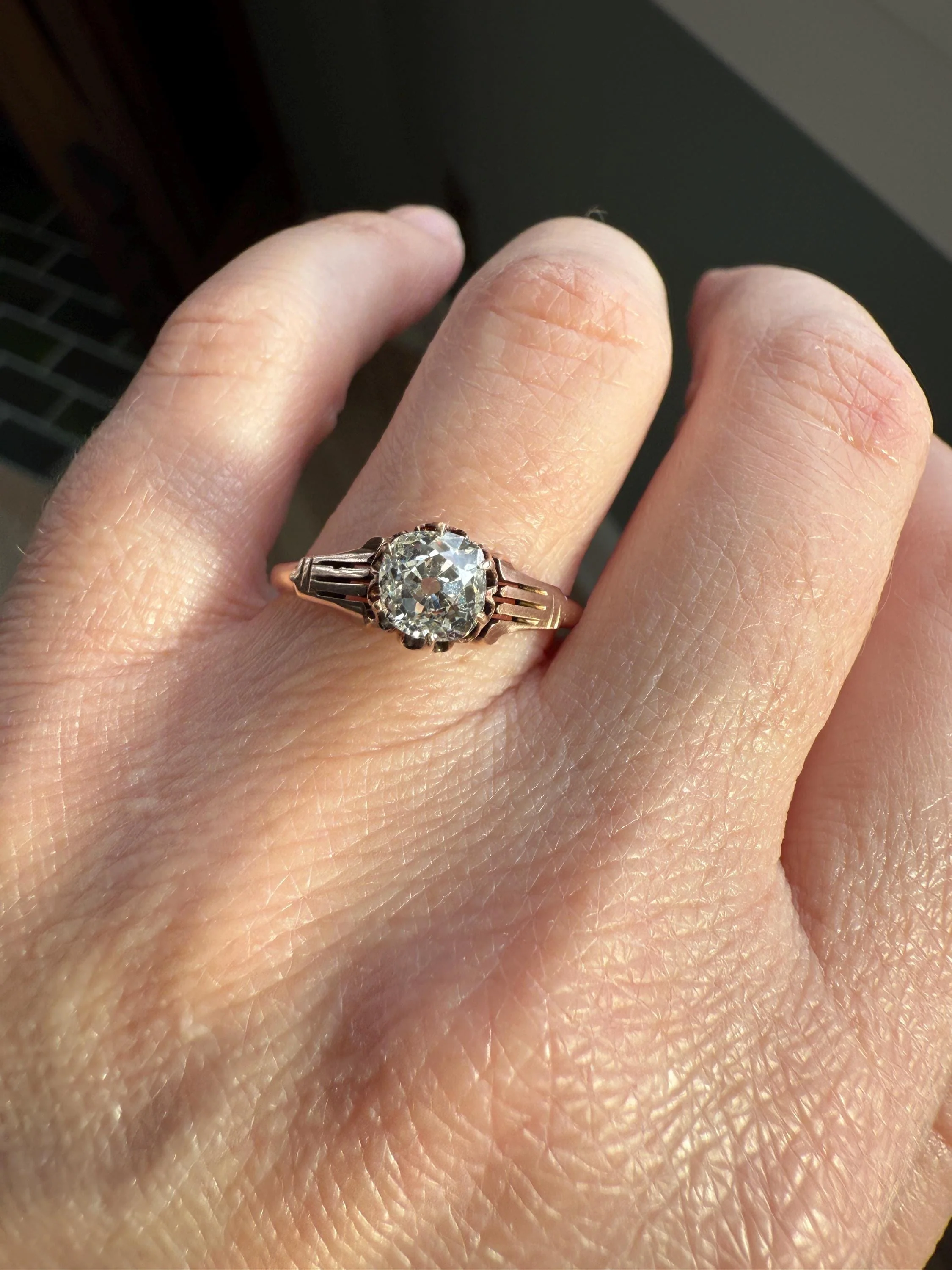 Tall Ornate French Victorian Antique One Carat Old Mine Cut DIAMOND Solitaire Engagement Ring 10k Rose Gold Scrolled Tulip Shoulders Stacker - Image 14