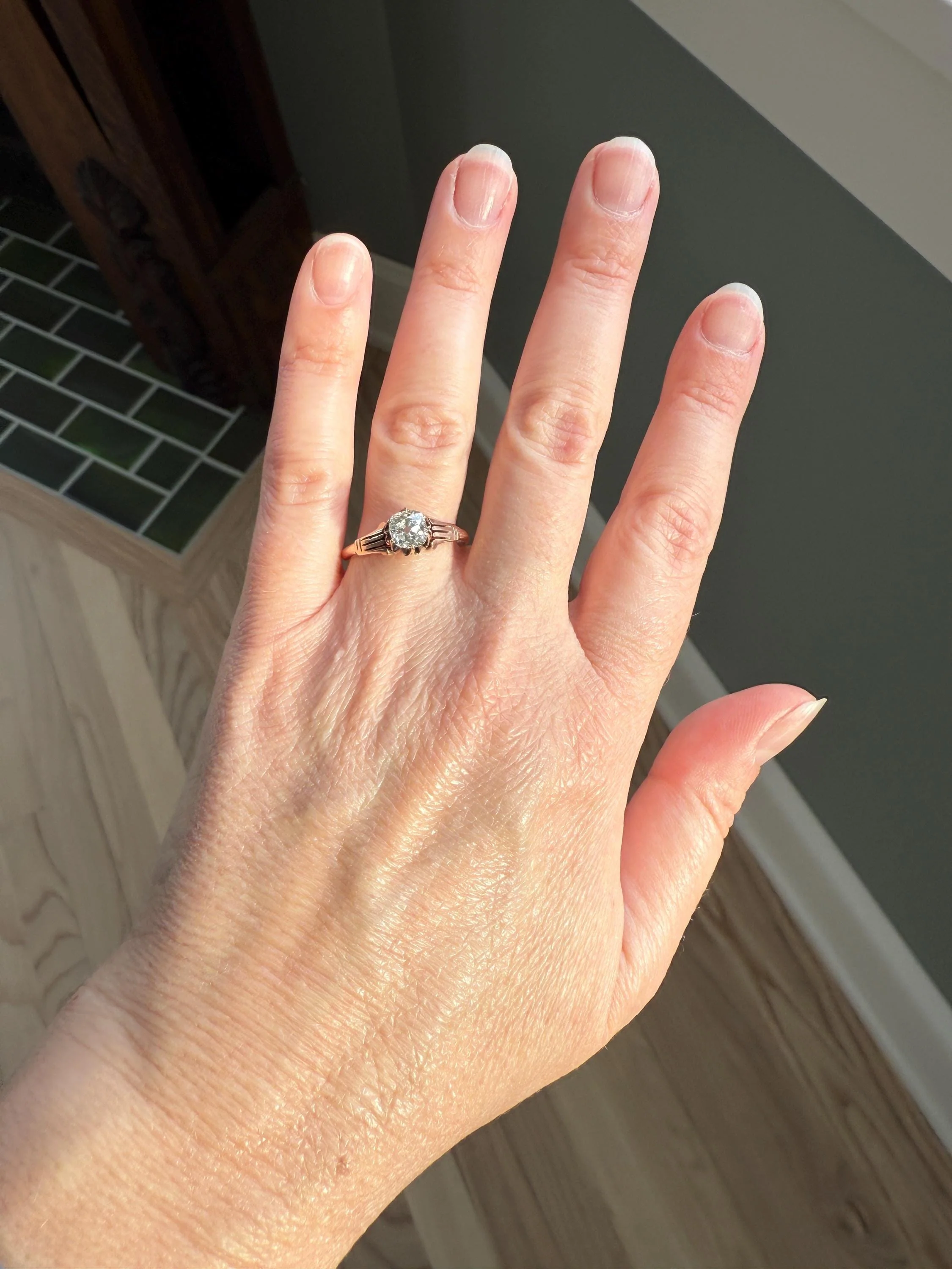 Tall Ornate French Victorian Antique One Carat Old Mine Cut DIAMOND Solitaire Engagement Ring 10k Rose Gold Scrolled Tulip Shoulders Stacker - Image 15