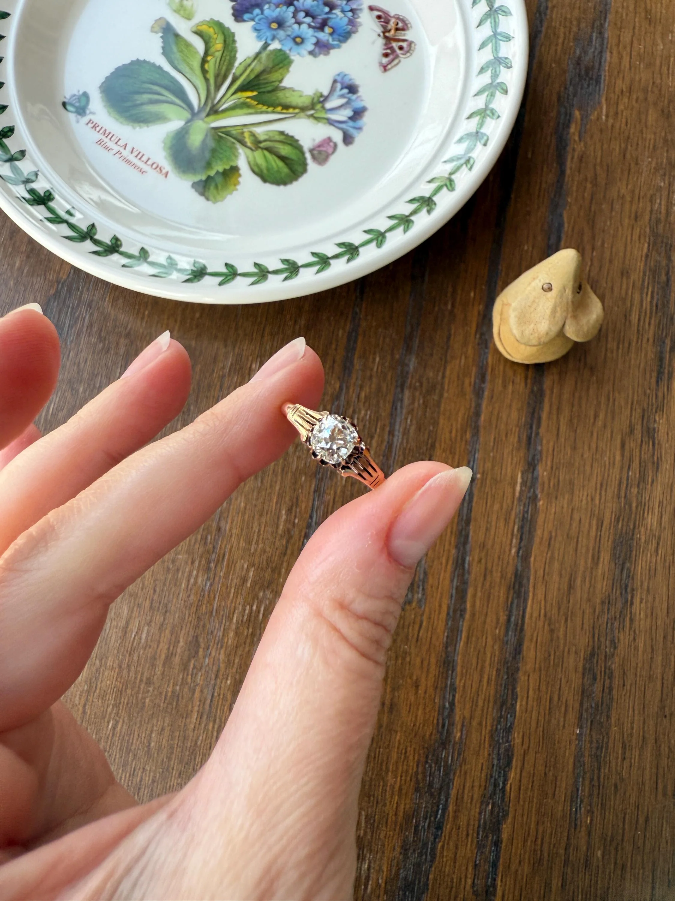 Tall Ornate French Victorian Antique One Carat Old Mine Cut DIAMOND Solitaire Engagement Ring 10k Rose Gold Scrolled Tulip Shoulders Stacker - Image 16