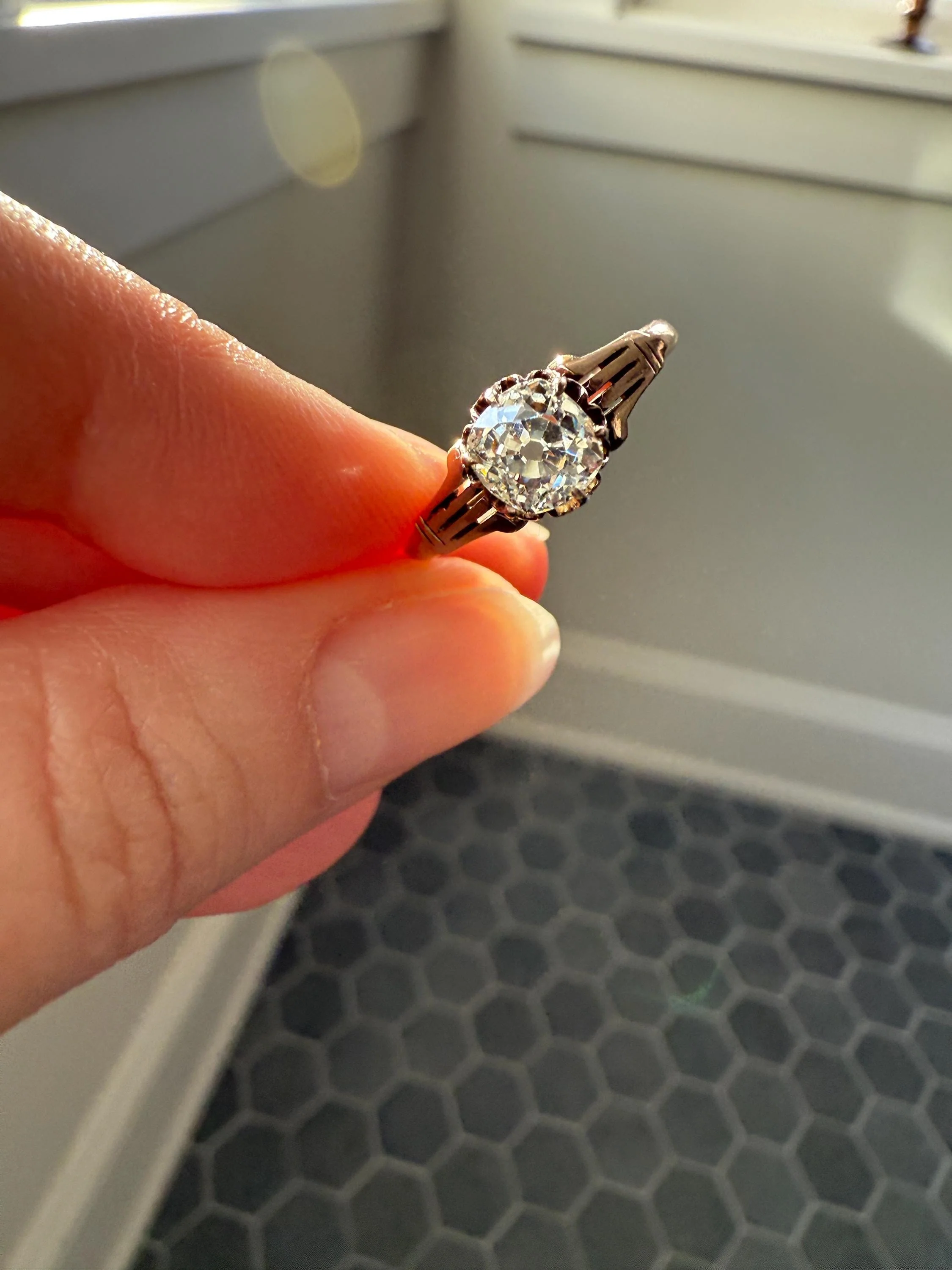 Tall Ornate French Victorian Antique One Carat Old Mine Cut DIAMOND Solitaire Engagement Ring 10k Rose Gold Scrolled Tulip Shoulders Stacker - Image 2