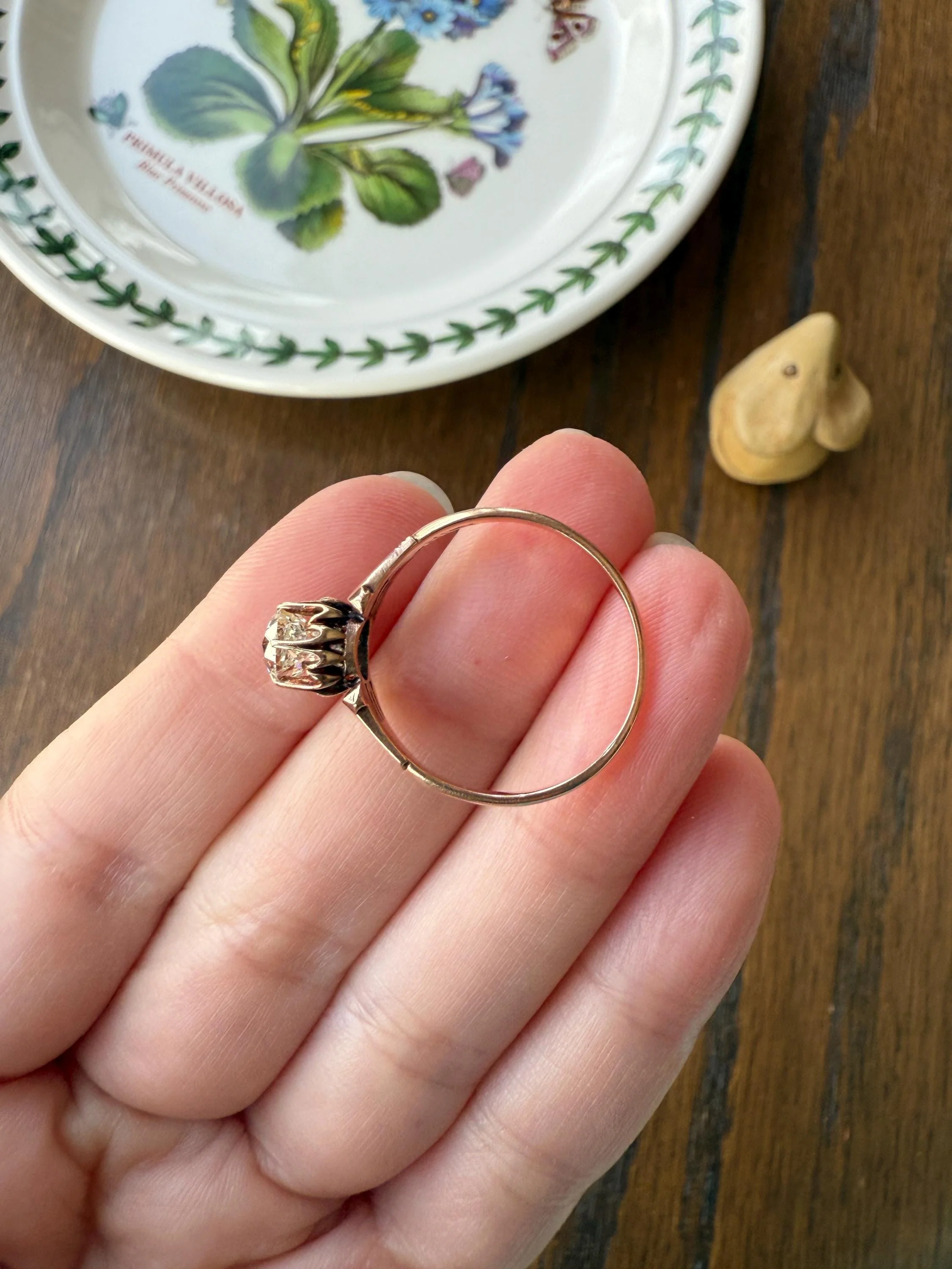 Tall Ornate French Victorian Antique One Carat Old Mine Cut DIAMOND Solitaire Engagement Ring 10k Rose Gold Scrolled Tulip Shoulders Stacker - Image 20