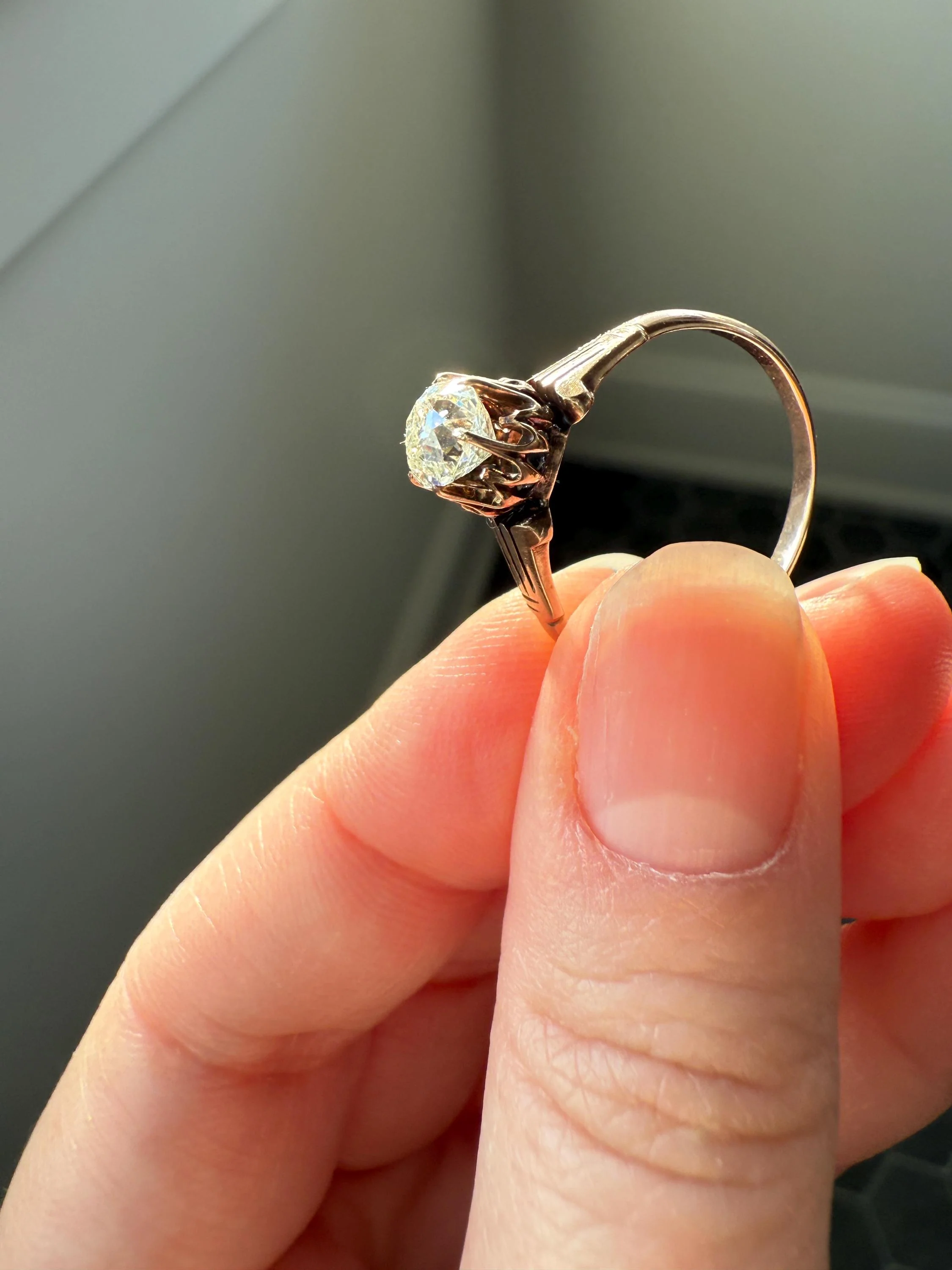 Tall Ornate French Victorian Antique One Carat Old Mine Cut DIAMOND Solitaire Engagement Ring 10k Rose Gold Scrolled Tulip Shoulders Stacker - Image 3