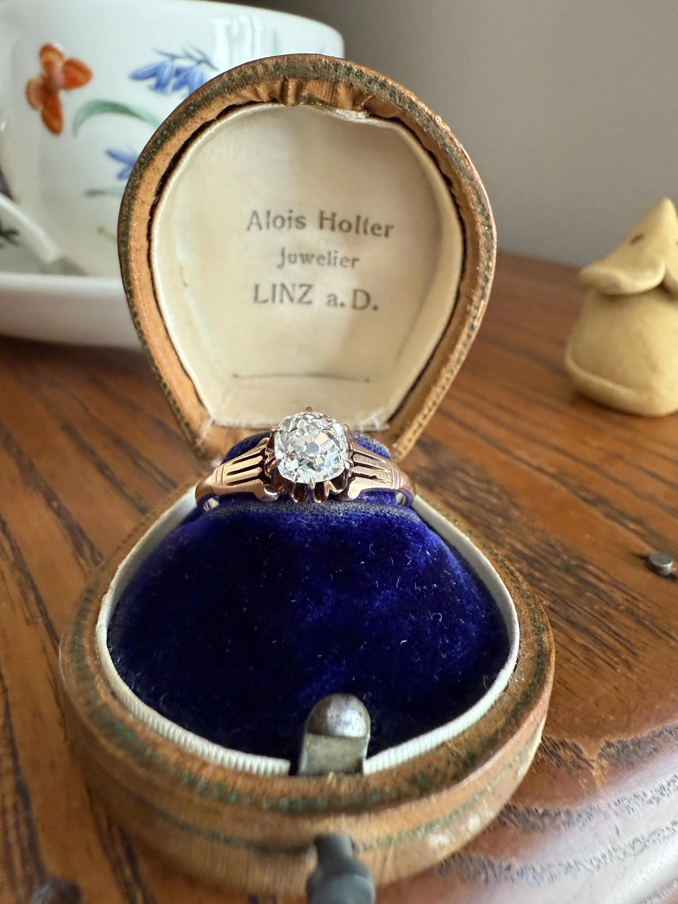 Tall Ornate French Victorian Antique One Carat Old Mine Cut DIAMOND Solitaire Engagement Ring 10k Rose Gold Scrolled Tulip Shoulders Stacker - Image 4